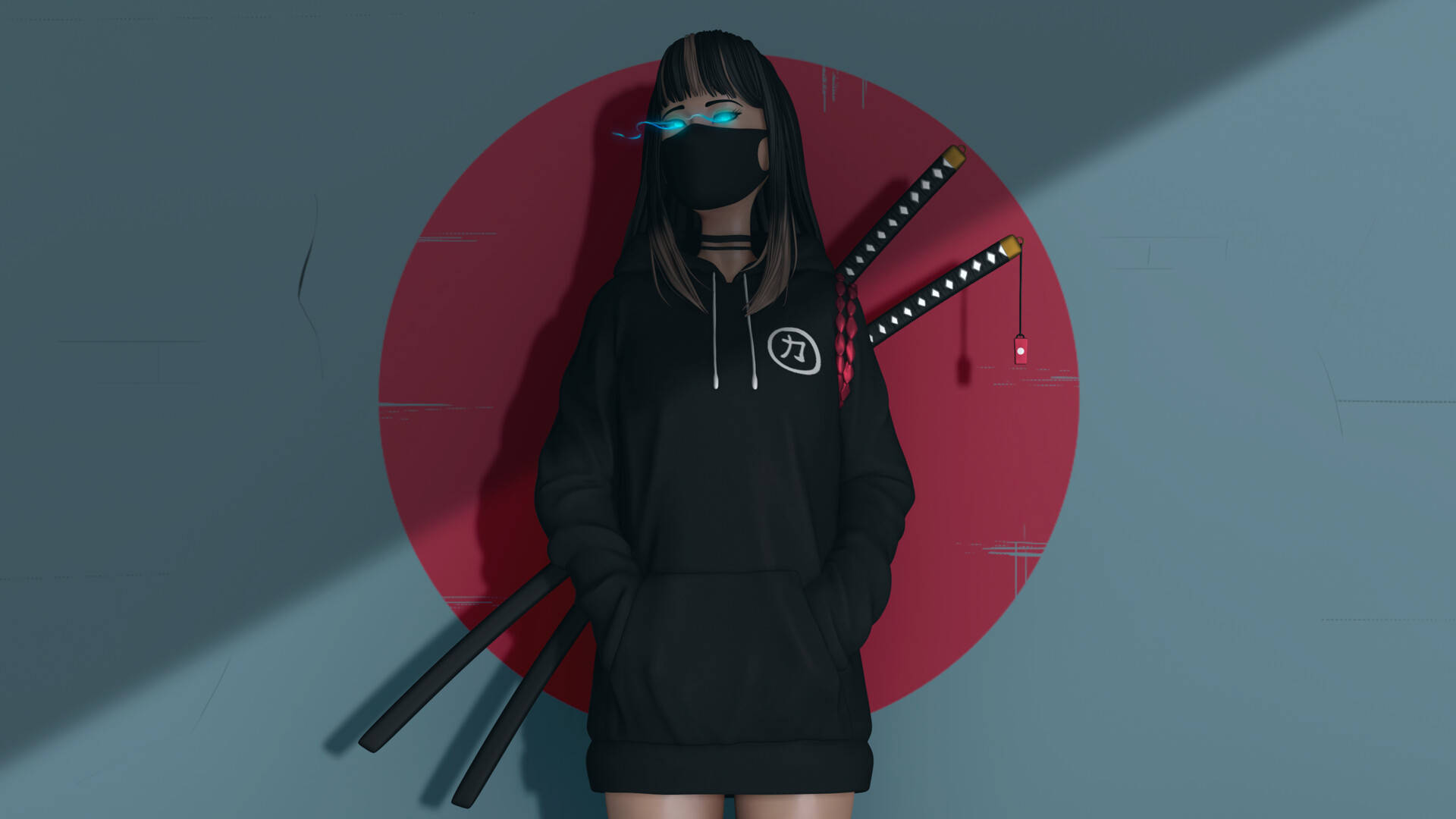 Anime Samurai 桌布 壁紙 — 一個戴面具的動漫女孩穿著黑色連帽衫，站在紅色圓圈前，手持兩把武士刀，眼睛發出藍光。