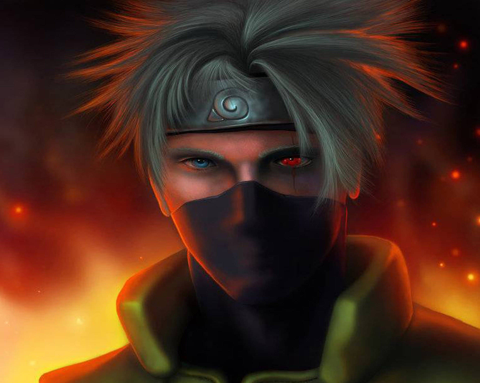 kakashi pfp 桌布 壁紙 — 一個戴面具的動漫忍者，擁有異色瞳和銀色刺蝟頭，站在火熱的橙色和紅色背景前。