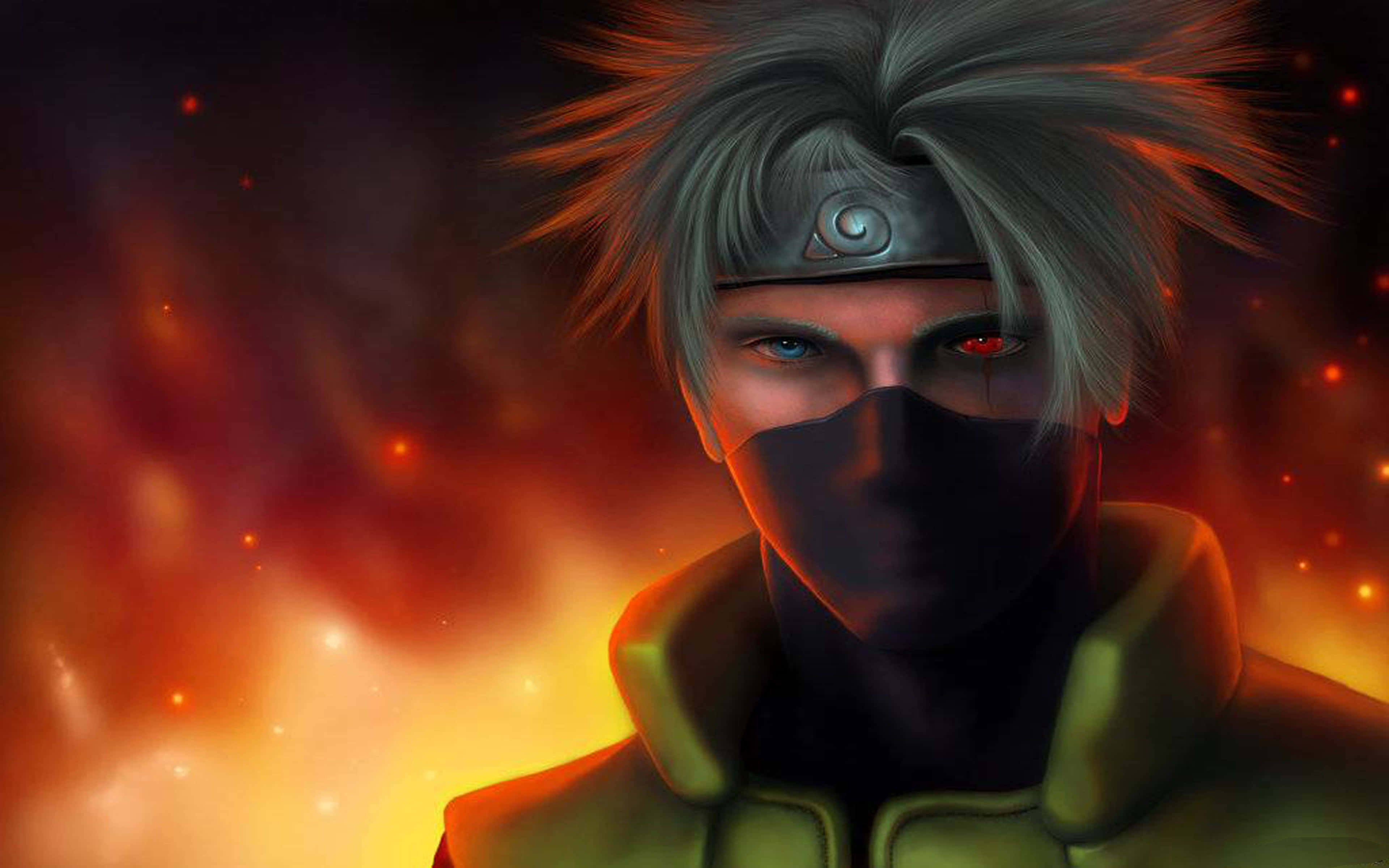 Naruto Fire 桌布 壁紙 — 一個戴面具的動漫忍者，擁有異色瞳和尖刺灰髮，站在火熱的橙色和紅色背景前。
