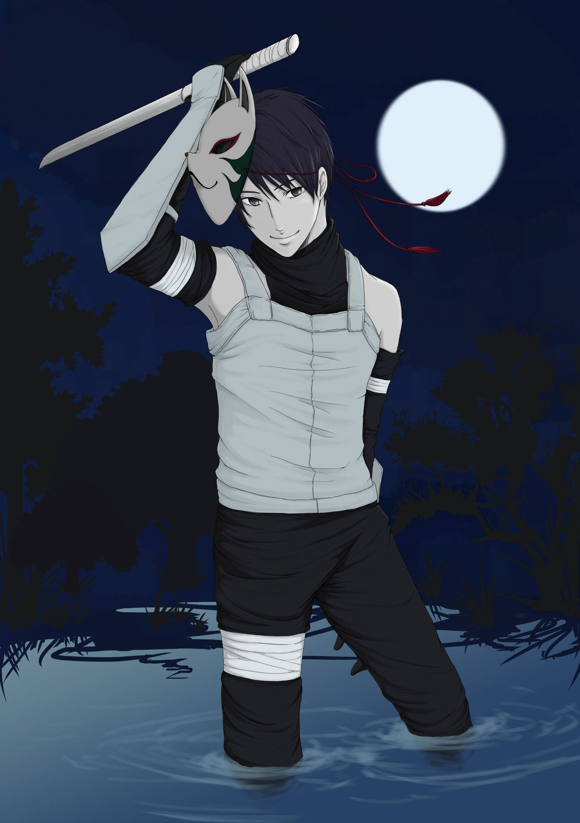 Aesthetic Naruto 桌布 壁紙 — 一個戴面具的動漫忍者站在月光下的水中，在滿月下持劍。