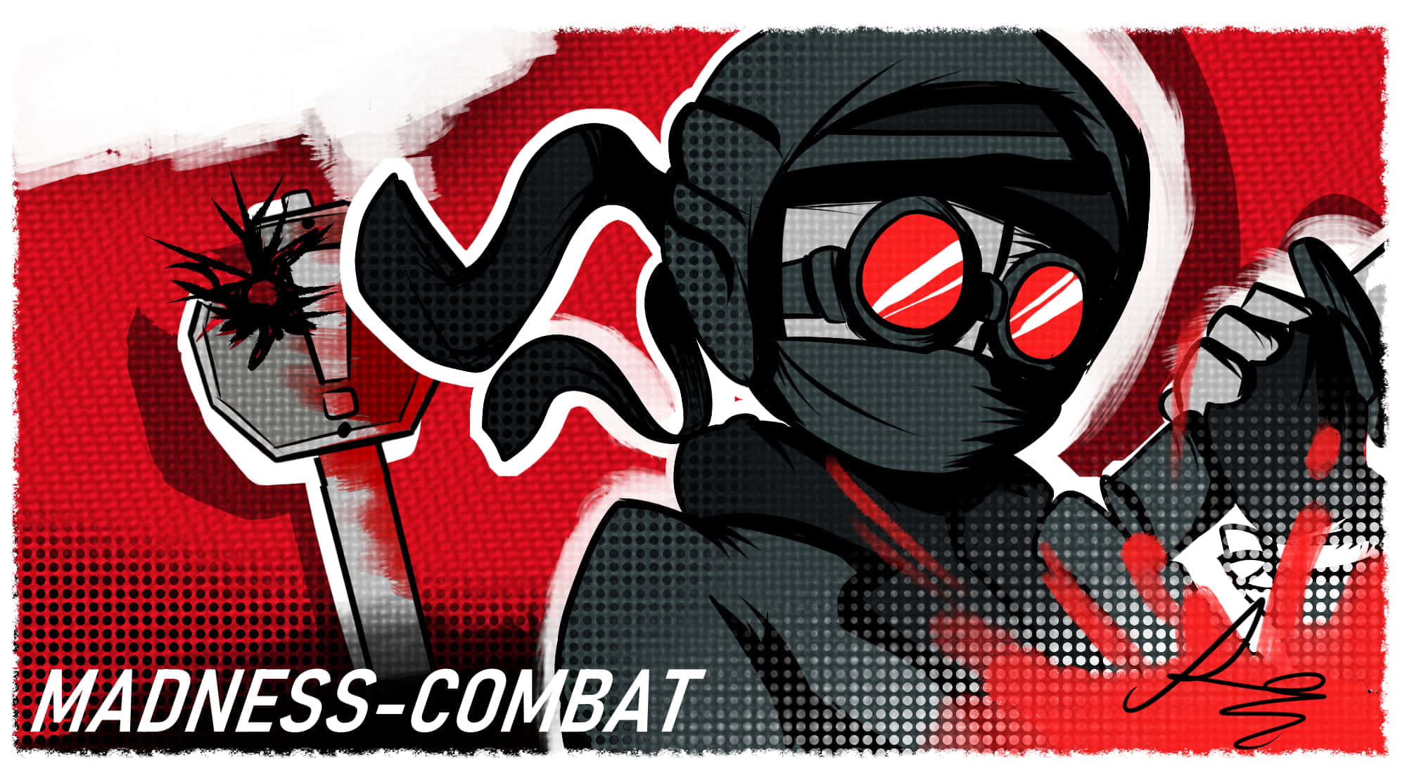Madness Combat 桌布 壁紙 — 一個戴面具的動漫戰士，擁有發光的紅色眼睛和黑色連帽，揮舞著帶刺的武器，背景是鮮明的紅白半色調。