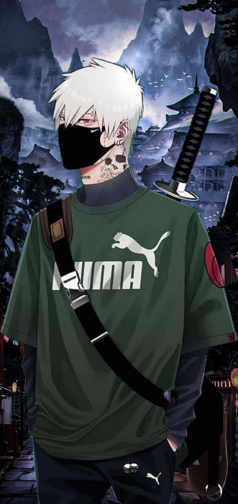 Bad Boy Anime 桌布 壁紙 — 一個戴面具的動漫戰士，白髮和骷髏刺青，站在黑暗的山村中，手持武士刀。