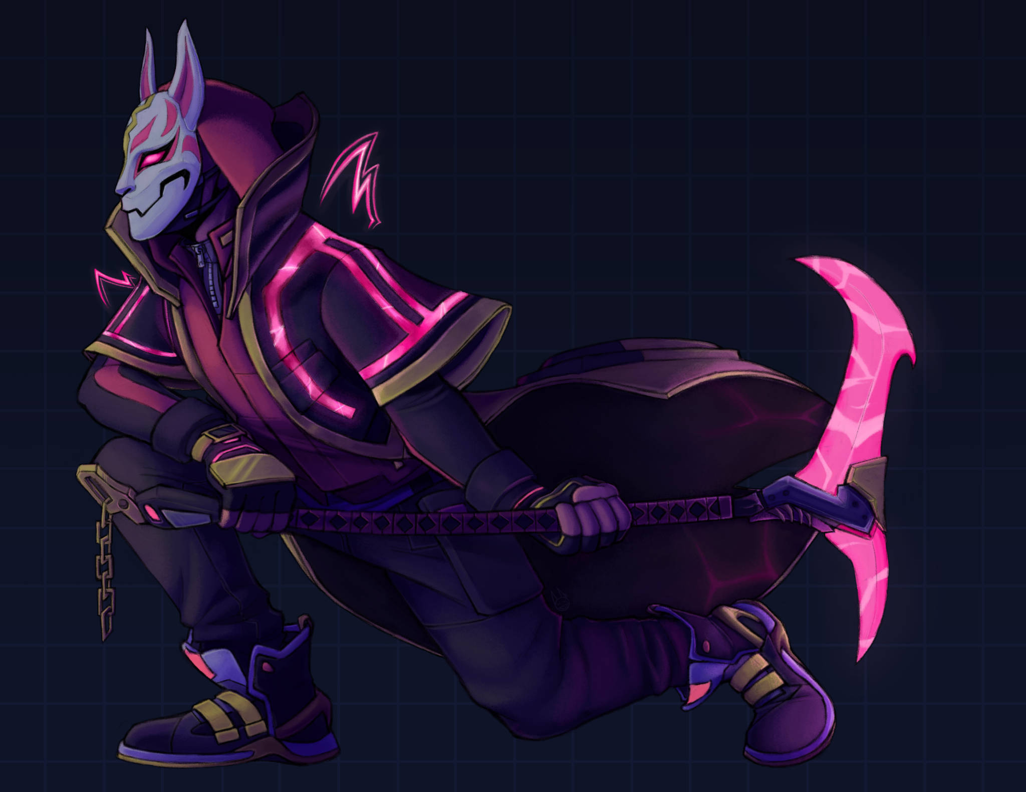 Drift 桌布 壁紙 — 一個戴面具的動漫戰士，身穿紫色盔甲，蹲在地上，手持發光的粉紅色斧頭，背景是深色網格。