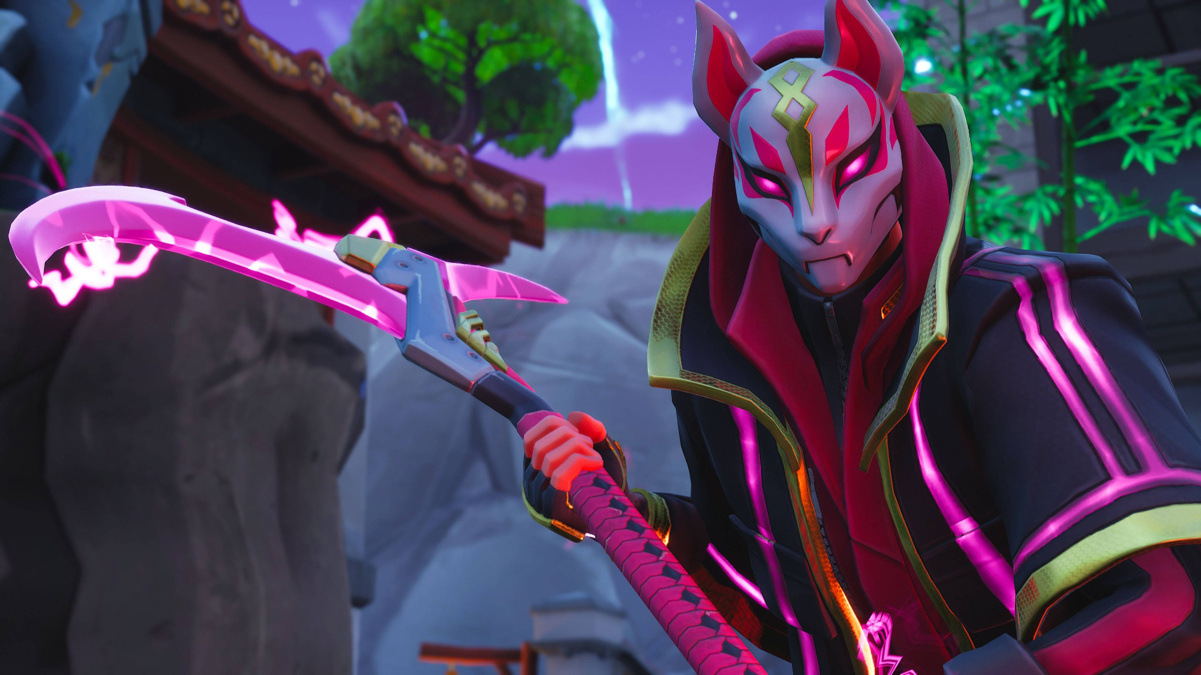 Drift 桌布 壁紙 — 一個戴面具的動漫戰士在神秘的暮色場景中揮舞著發光的粉紅色劍，周圍有竹子和石頭建築。