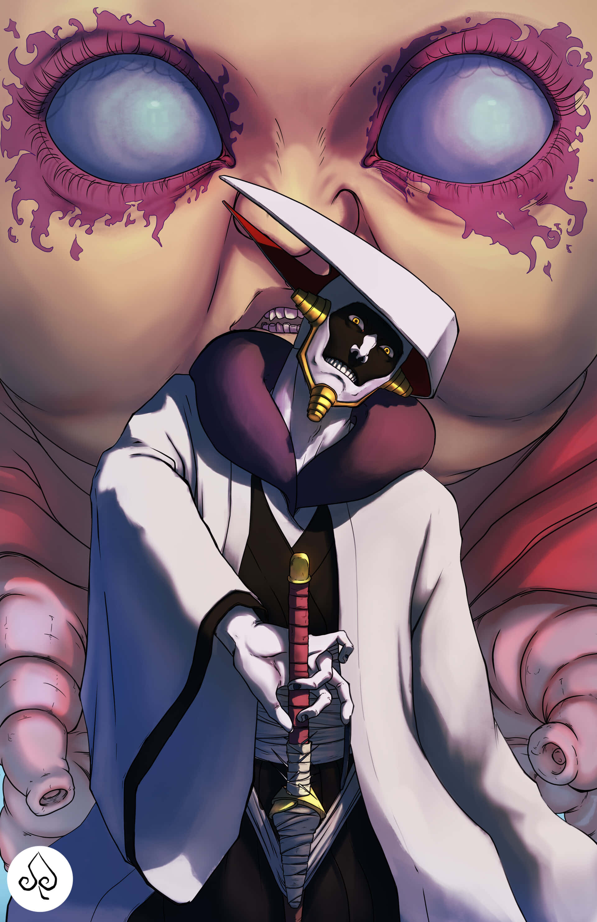 Mayuri Kurotsuchi 桌布 壁紙 — 一個戴面具的動漫戰士身穿白色長袍，在一個擁有發光藍色眼睛和紫色睫毛的巨臉前持劍。