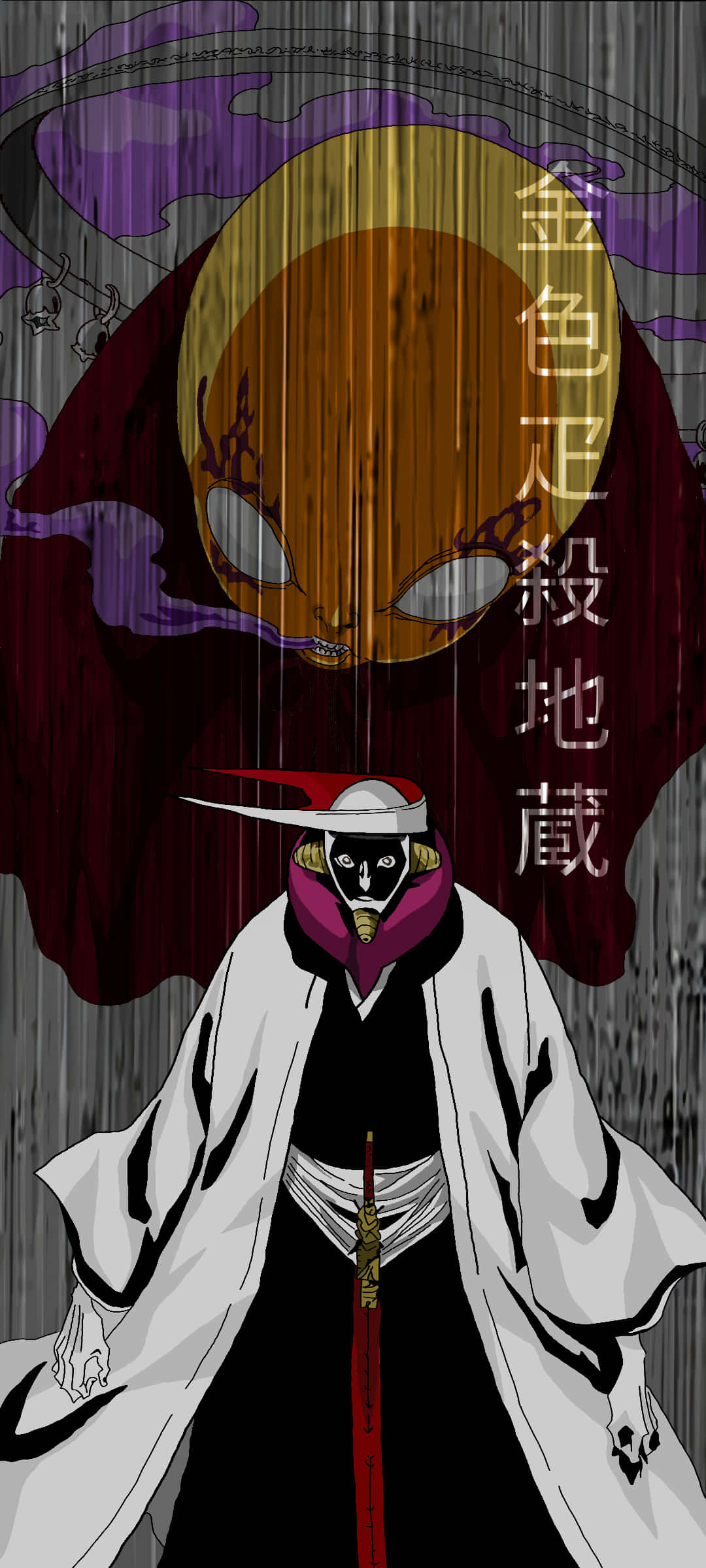 Mayuri Kurotsuchi 桌布 壁紙 — 一個戴面具的動漫戰士身穿白色長袍，站在一個金色眼睛的巨型骷髏前，伴隨著紫色煙霧和日文字句。