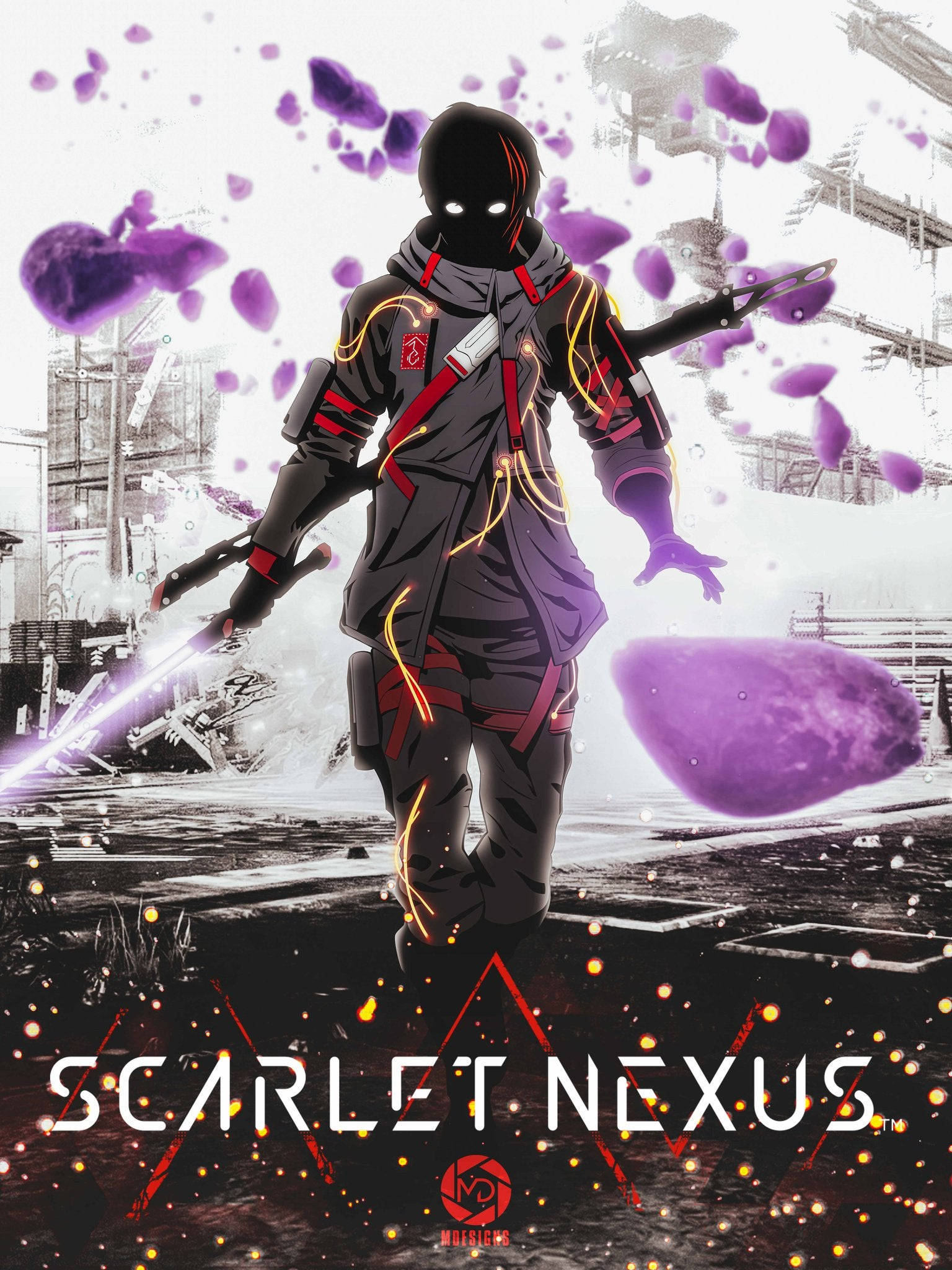 Nexus 桌布 壁紙 — 一個戴面具的動漫戰士身穿黑色裝備，在紫色能量爆發中揮舞發光的刀刃，背景是未來城市景觀。