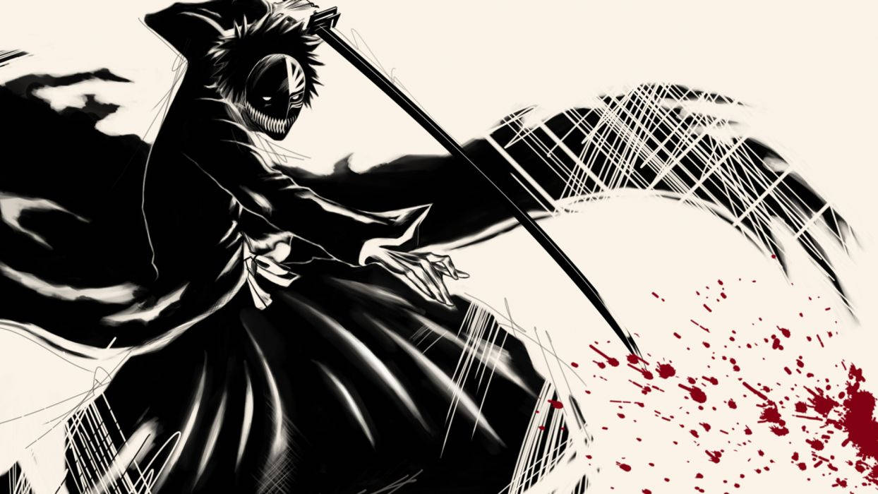 死神 桌布 壁紙 — 一個戴面具的動漫戰士身穿黑色長袍，用劍揮砍，紅色血濺在純白背景上。
