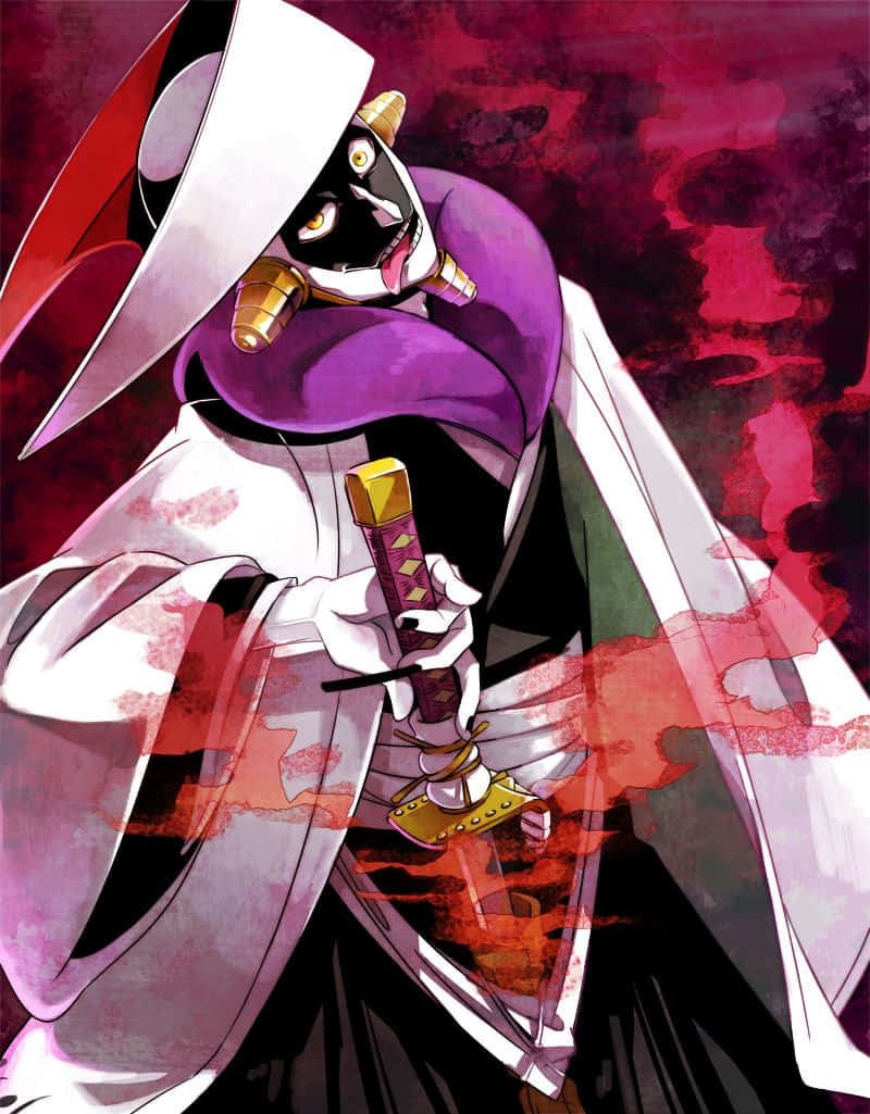 Mayuri Kurotsuchi 桌布 壁紙 — 一個戴面具的動漫武士，身穿白色和紫色長袍，手持武士刀，背景是血紅色的抽象背景。