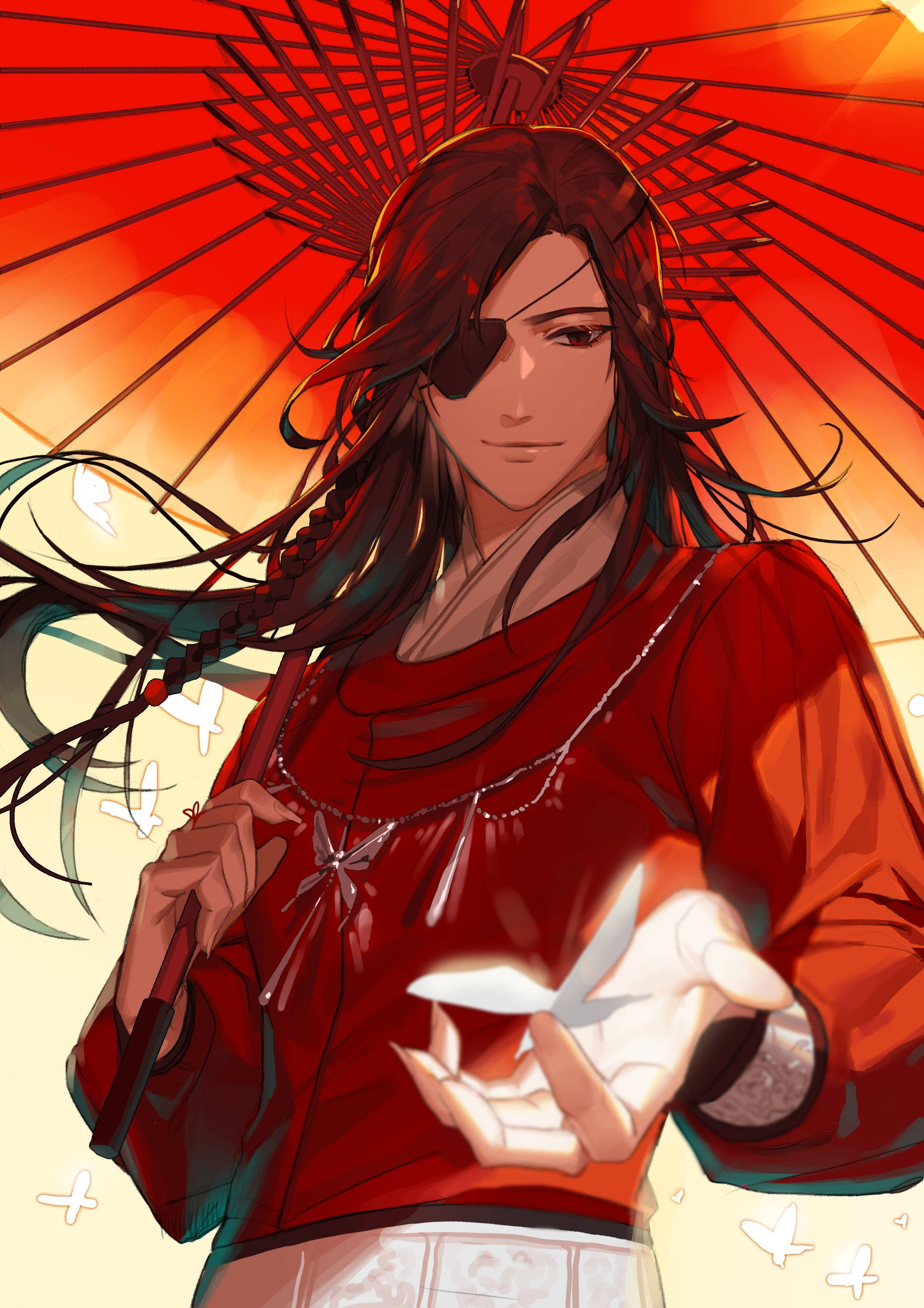 花城 桌布 壁紙 — 一個戴面具的動漫男子身穿紅色長袍，在紅色陽傘下拿著發光的紙鶴，背景是熾熱的日落。