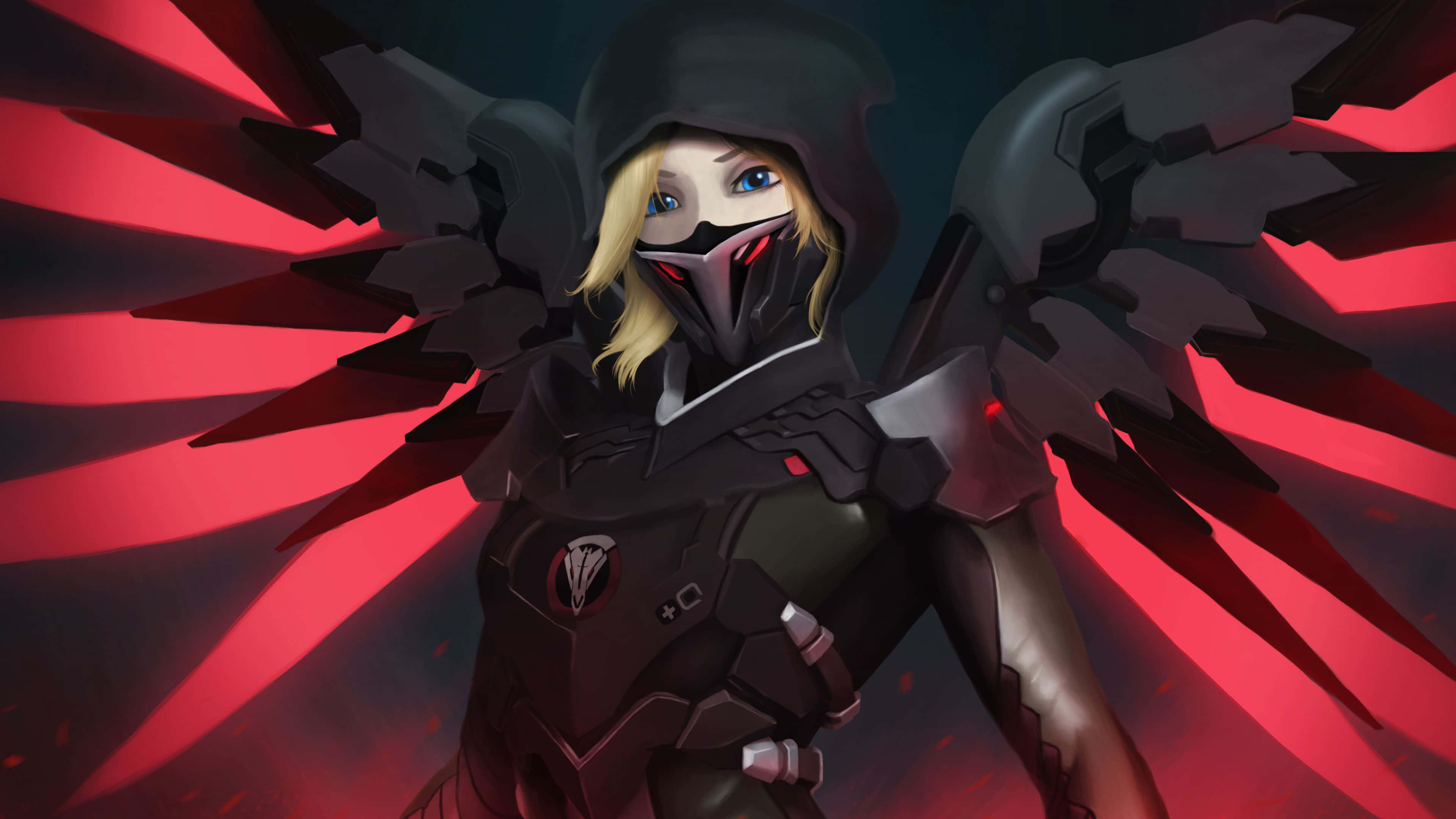 Aesthetic Overwatch 桌布 壁紙 — 一個戴面具的動漫角色，擁有機械翅膀，站在戲劇性的紅色和黑色背景前。