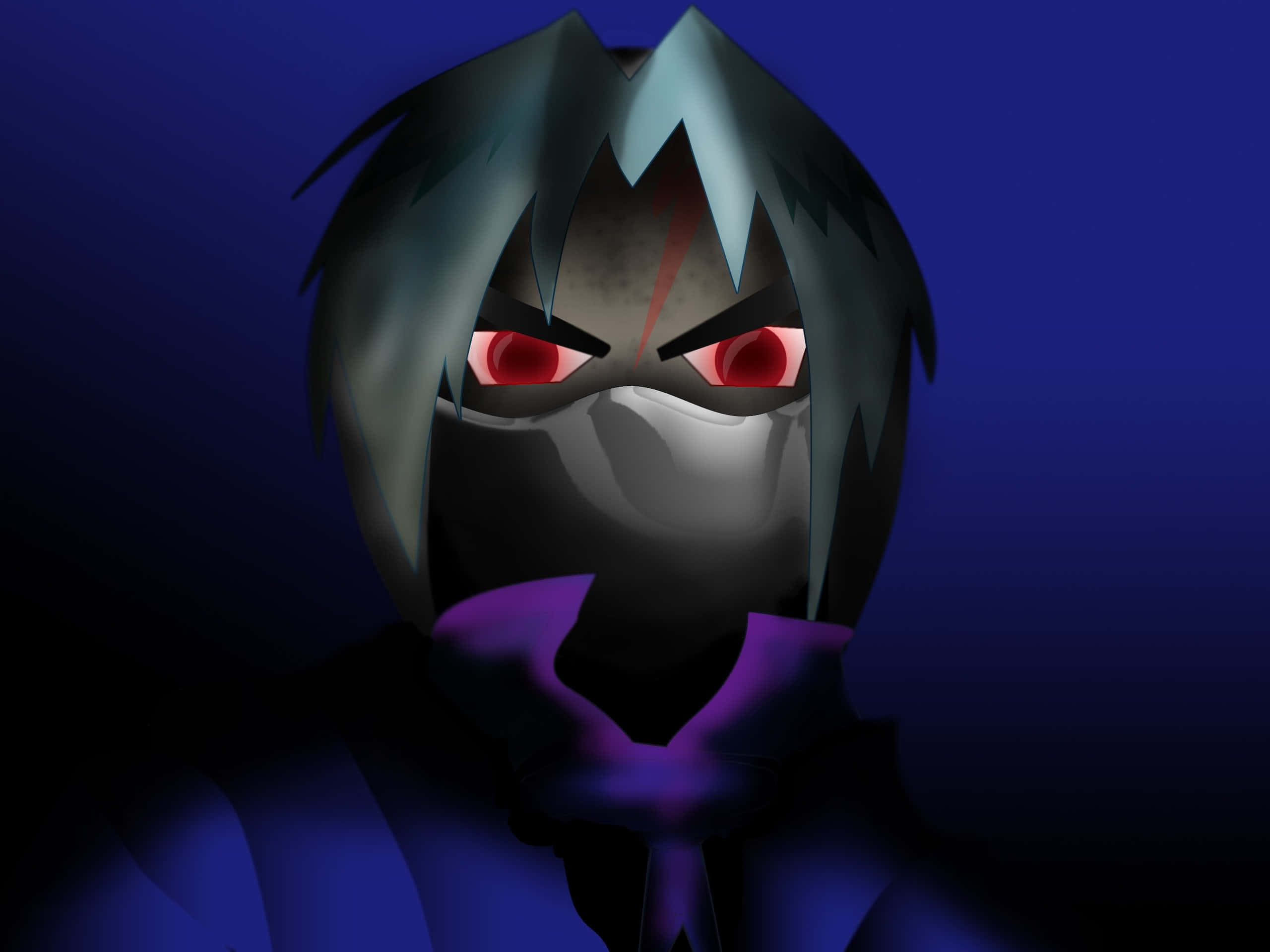 Horror Anime Boy 桌布 壁紙 — 一個戴面具的動漫角色，擁有發光的紅色眼睛和尖刺的灰色頭髮，在深藍色背景下強烈凝視。
