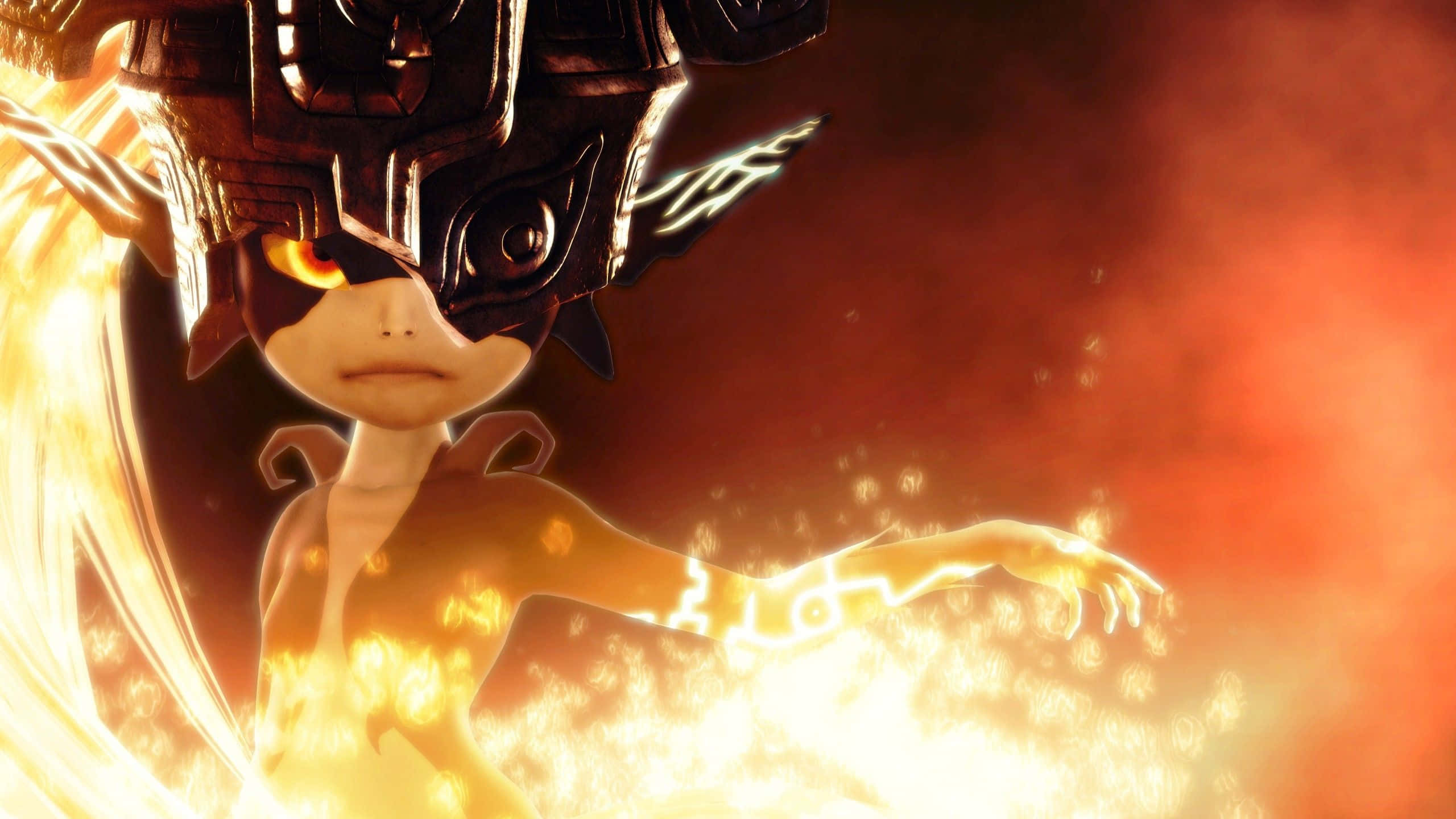 The Legend Of Zelda Midna 桌布 壁紙 — 一個戴面具的動漫角色，擁有發光的橙色眼睛，手上散發出火焰般的能量，背景是煙霧彌漫的紅色。