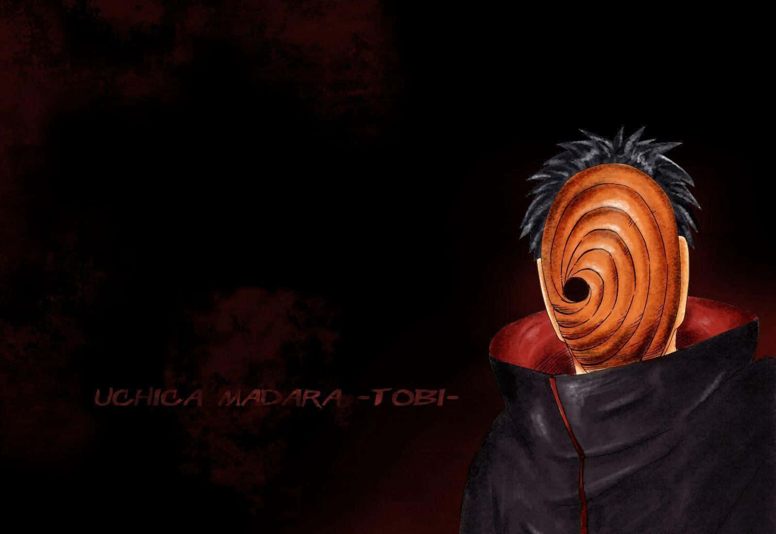 Akatsuki Tobi 桌布 壁紙 — 一個戴面具的動漫角色，有著尖刺黑色頭髮和紅色斗篷，站在陰影中，背景是深紅色紋理。