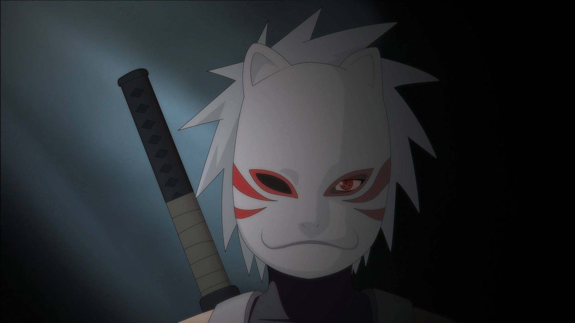 kakashi pfp 桌布 壁紙 — 一個戴面具的動漫角色，白色尖刺頭髮和紅色眼睛標記，在深藍色照明背景下握著一把劍。