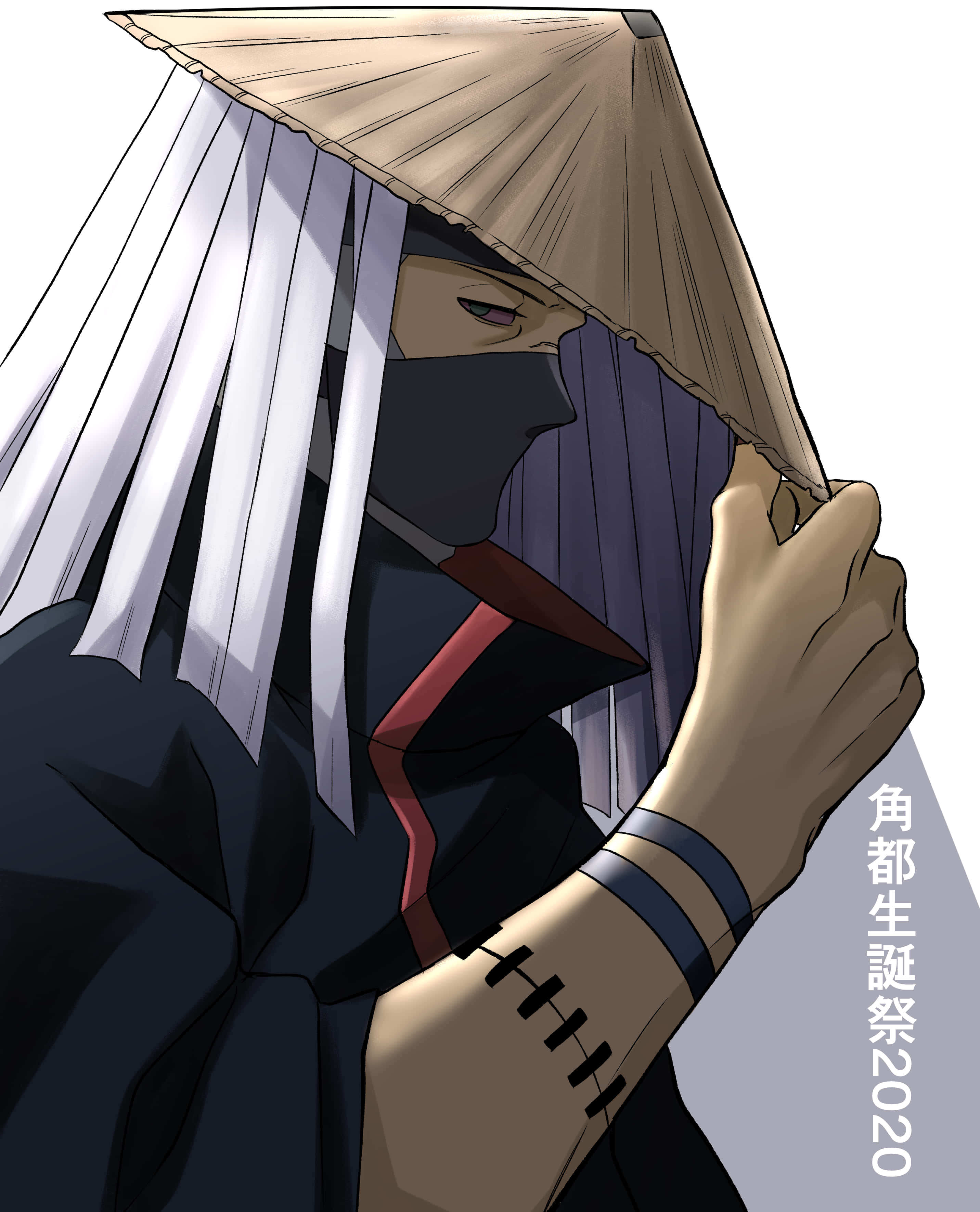 Akatsuki Kakuzu 桌布 壁紙 — 一個戴面具的動漫角色，白髮戴草帽，在純色背景下調整他的兜帽。