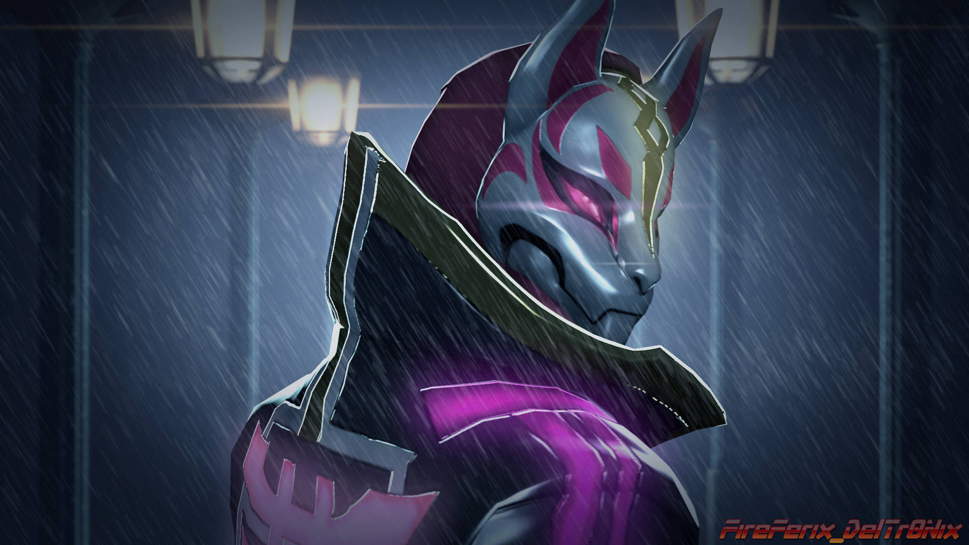 Drift 桌布 壁紙 — 一個戴面具的動漫角色，穿著紫色和銀色盔甲，站在雨中後巷，燈籠發光。