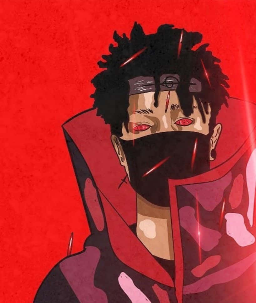 Dope Naruto 桌布 壁紙 — 一個戴面具的動漫角色，紅眼睛和黑頭髮，站在鮮紅色的紋理背景前。