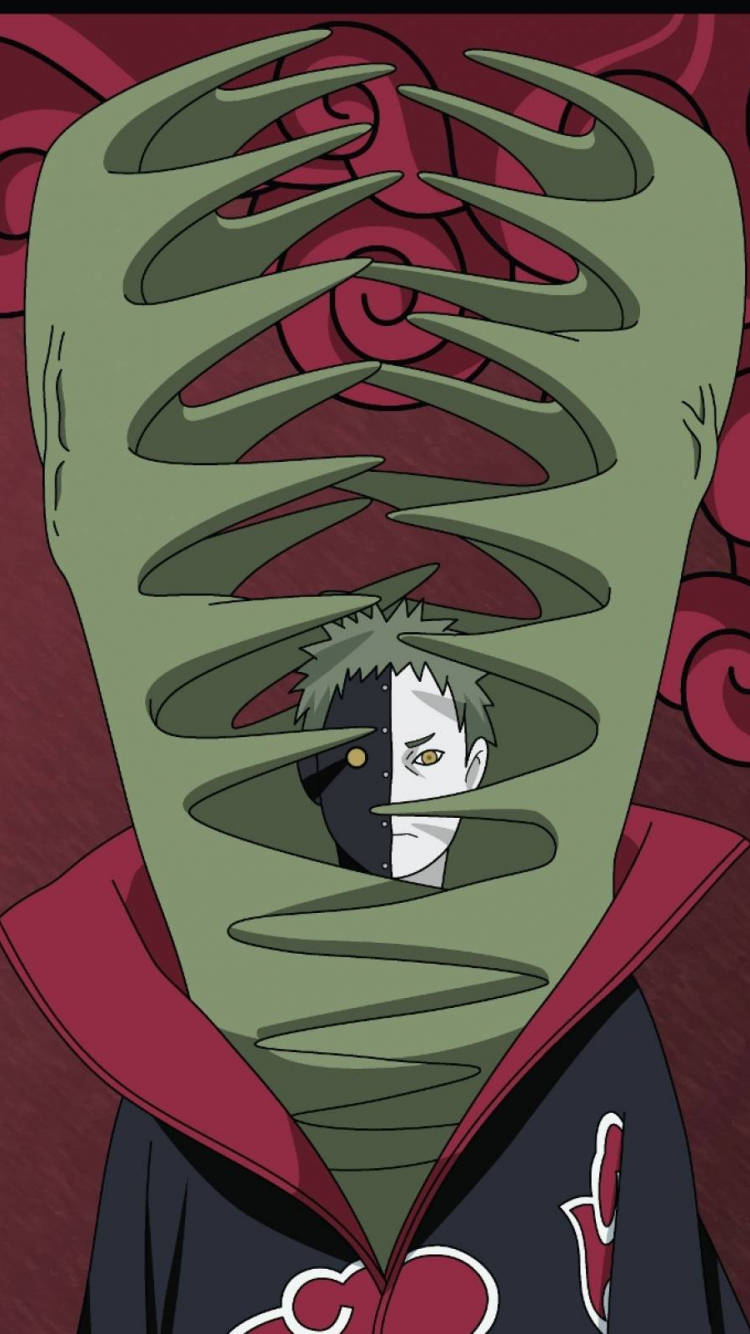 Zetsu 桌布 壁紙 — 一個戴面具的動漫角色，臉部半黑半白，從螺旋狀的綠色藤蔓中窺視，背景是深紅色。