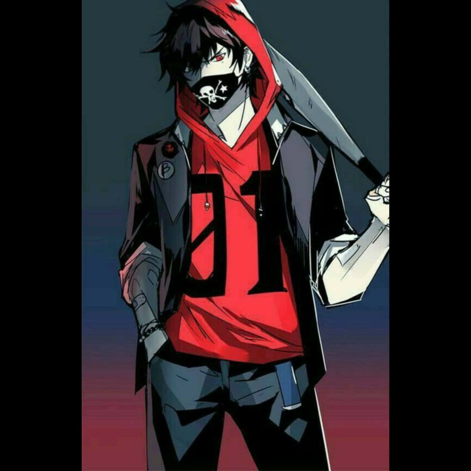 Dark Anime Boy 桌布 壁紙 — 一個戴面具的動漫角色，身穿紅色連帽衫和黑色外套，在深色漸變背景前手持一把大劍。