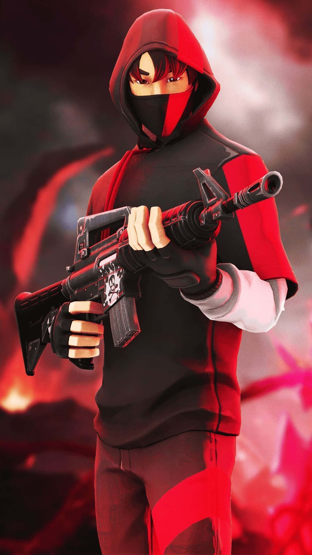 Ruby Fortnite Skin 桌布 壁紙 — 一個戴面具的動漫角色，身穿紅黑連帽衫，在火紅煙霧背景下手持步槍。