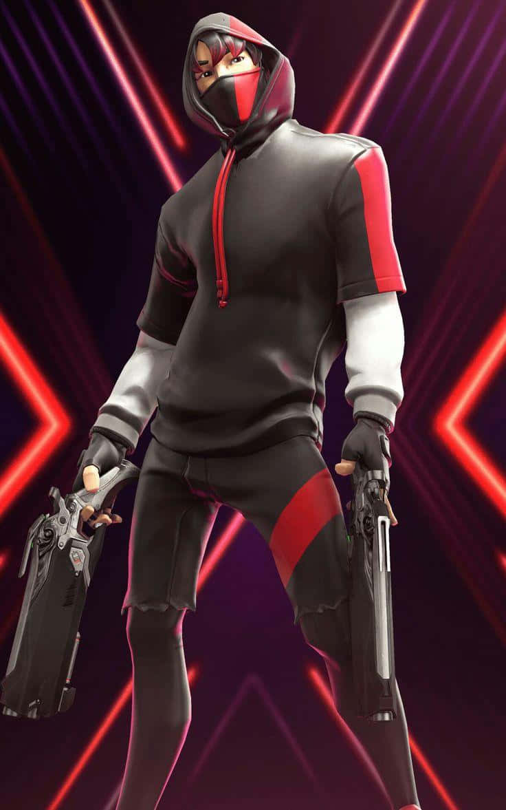 Fortnite Ikonik Skin 桌布 壁紙 — 一個戴面具的動漫角色，身穿黑色和紅色裝備，在發光的紅色霓虹燈背景下手持兩把手槍。