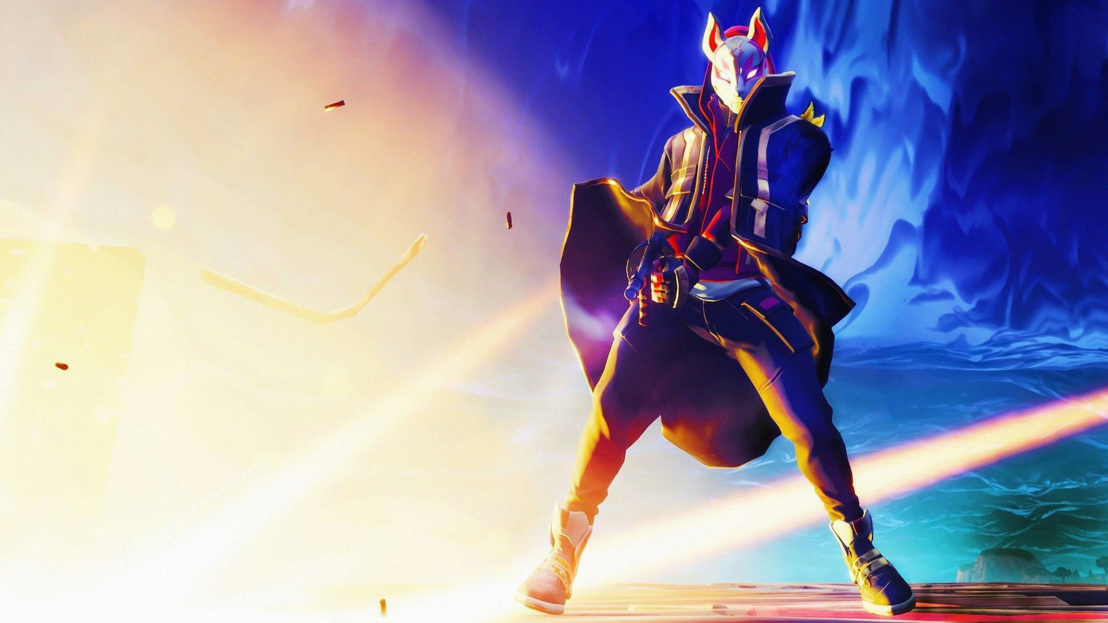 Drift 桌布 壁紙 — 一個戴面具的動漫角色在爆炸性光束和旋轉藍色能量中擺出動態姿勢。