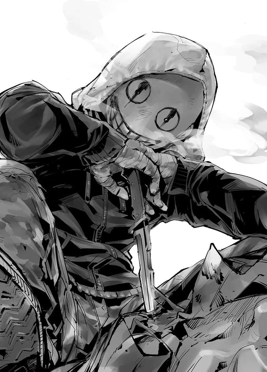 Horror Anime Boy 桌布 壁紙 — 一個戴面具的動漫角色穿著連帽衫，在煙霧背景中專注地握著一把刀。