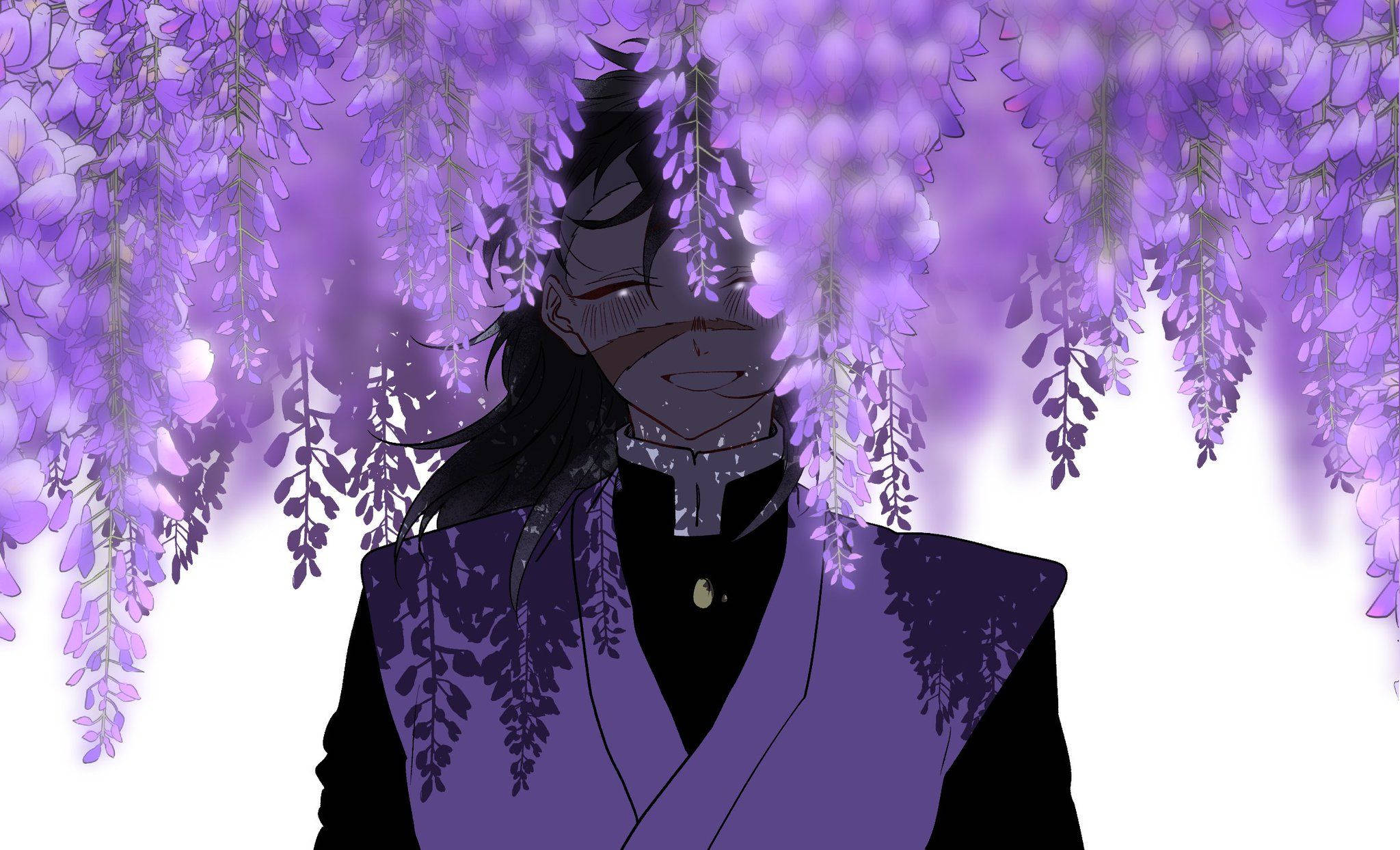 genya 桌布 壁紙 — 一個戴面具的動漫角色身穿紫色服裝，站在白色明亮背景前，紫藤花如瀑布般垂落。