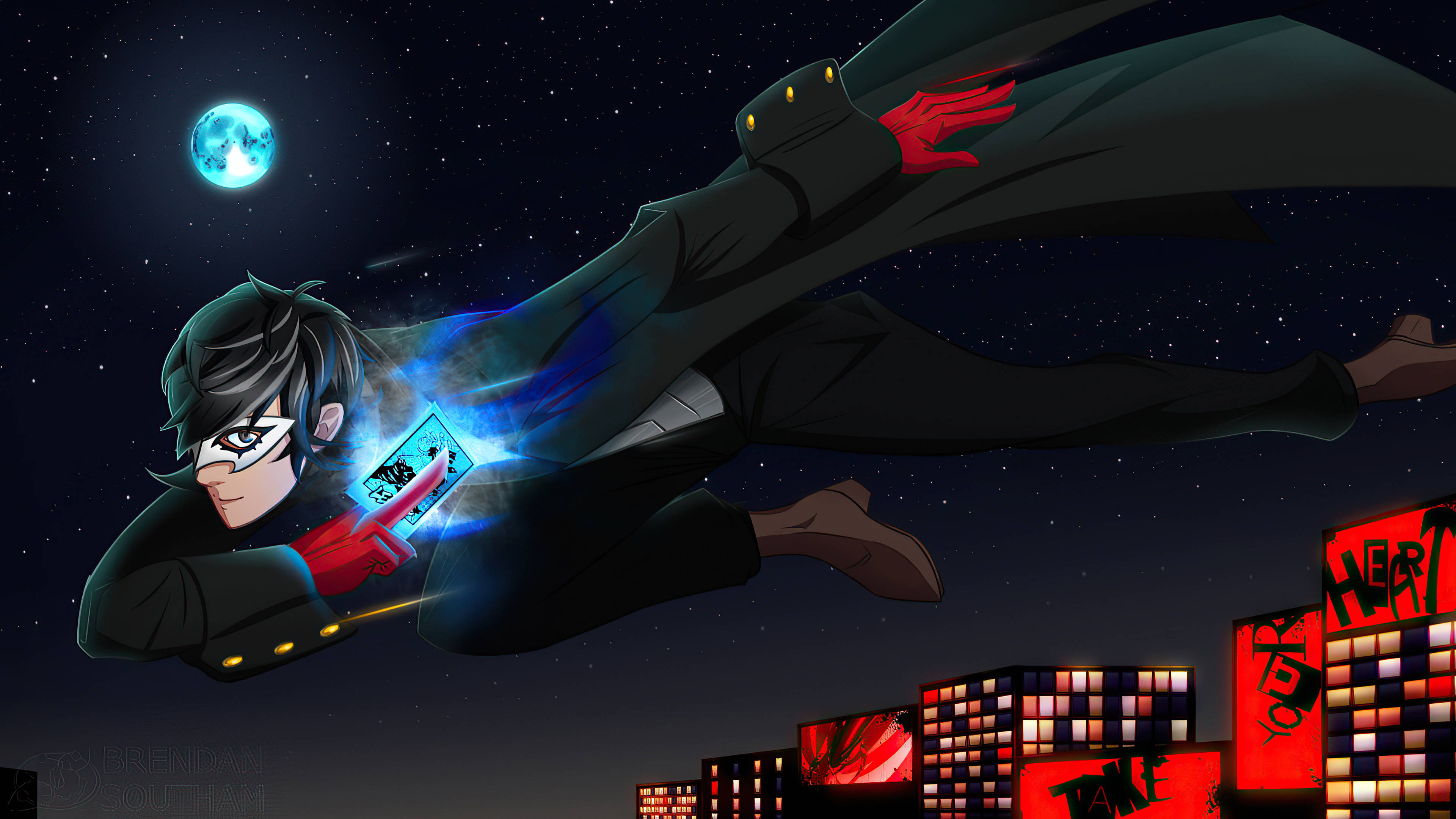 persona 5 4K 桌布 壁紙 — 一個戴面具的動畫英雄在夜晚飛越霓虹燈閃爍的城市，在藍月下拿著一張發光的卡片。