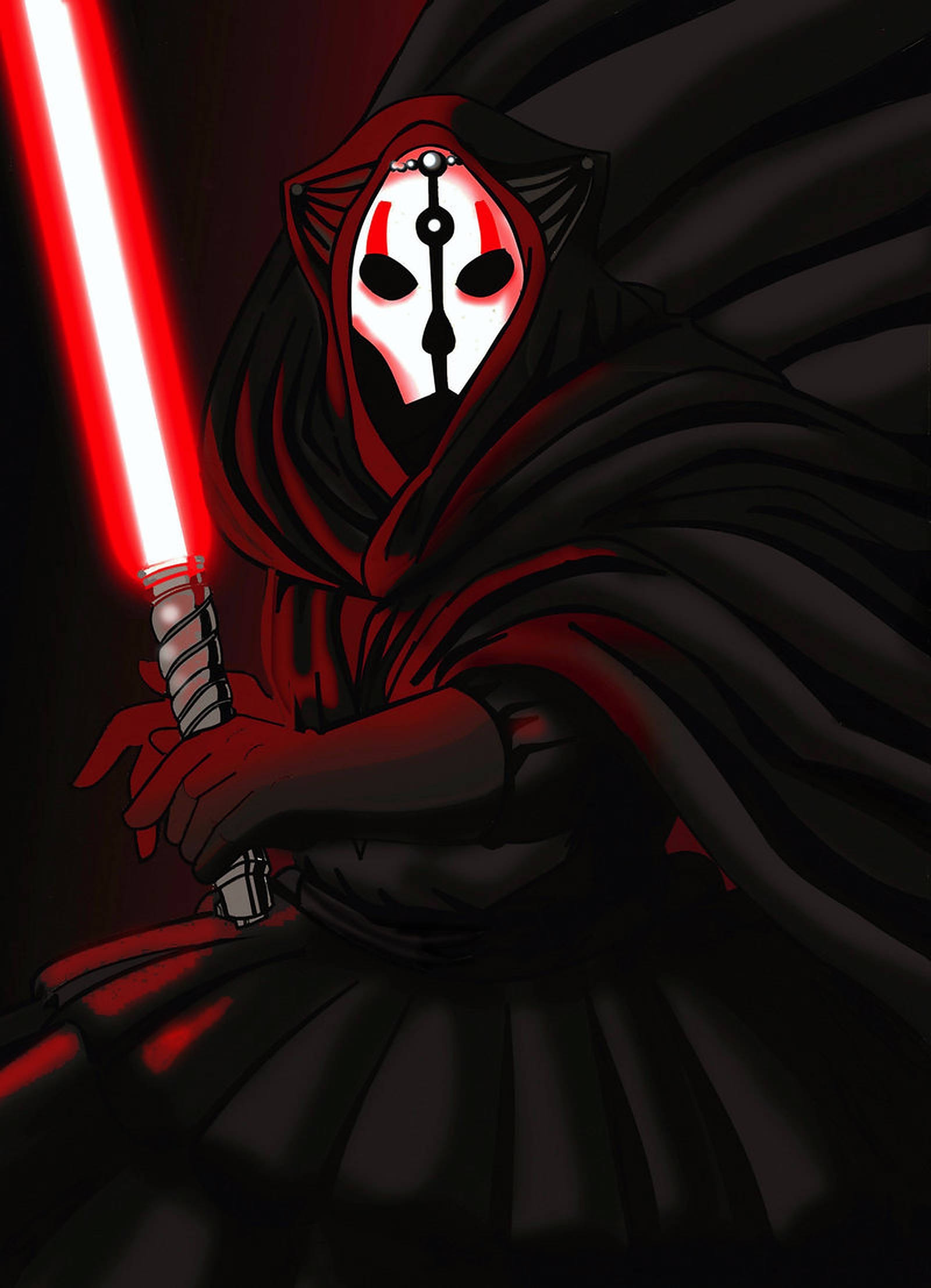 Darth Nihilus 桌布 壁紙 — 一個戴面具的威脅人物穿著黑色長袍，在陰暗背景下揮舞著發光的紅色光劍。