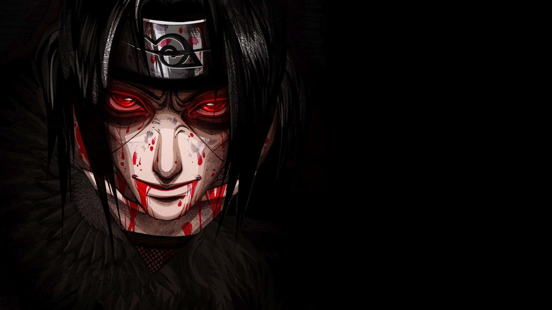 Naruto Anime 桌布 壁紙 — 一個戴面具的忍者，擁有發光的紅色眼睛和血跡，在黑色背景下的黑暗動漫肖像。