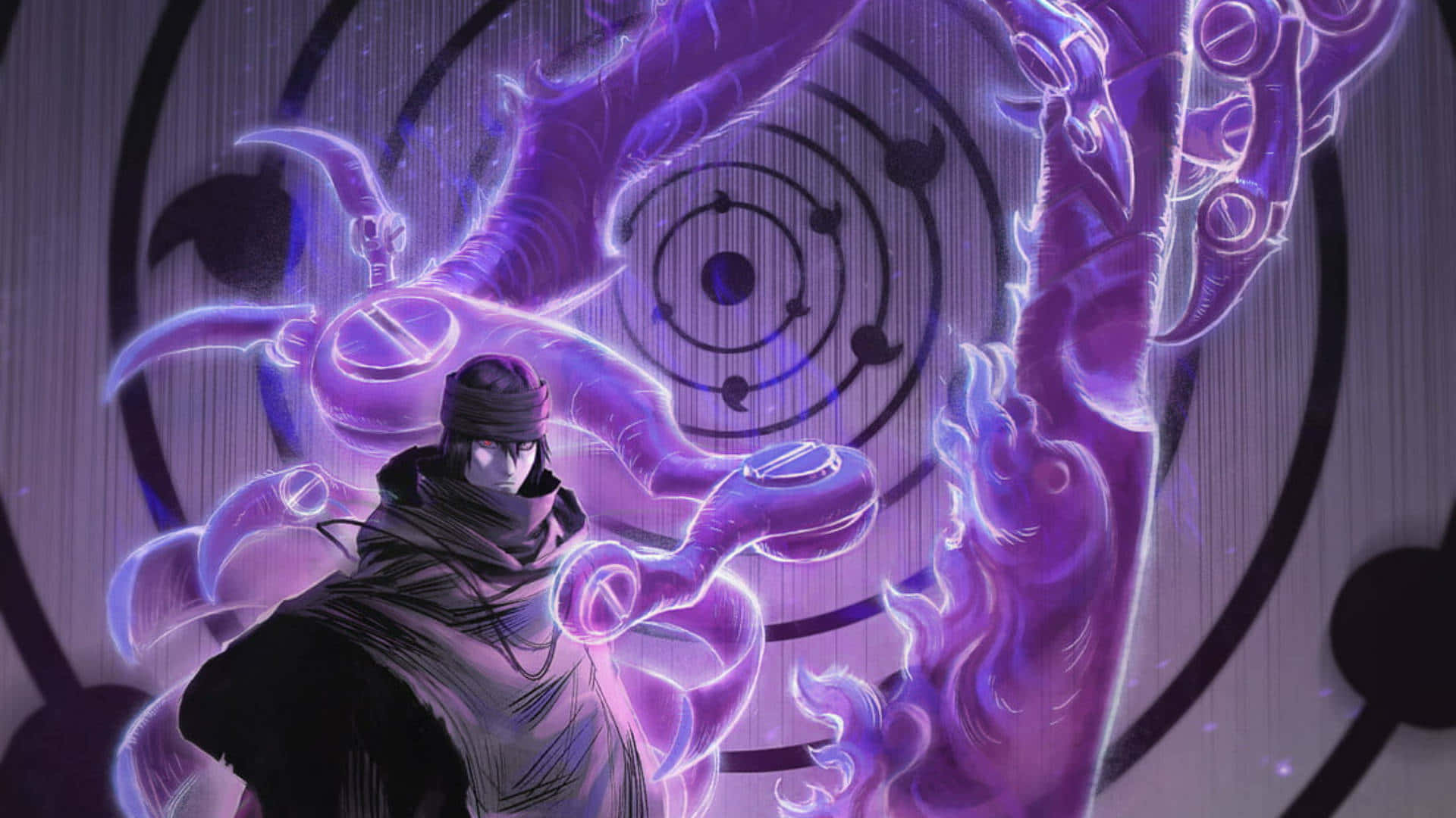 Rinnegan 桌布 壁紙 — 一個戴面具的忍者在黑暗的動漫場景中，圍繞著一個神秘的眼之印記引導發光的紫色查克拉觸手。