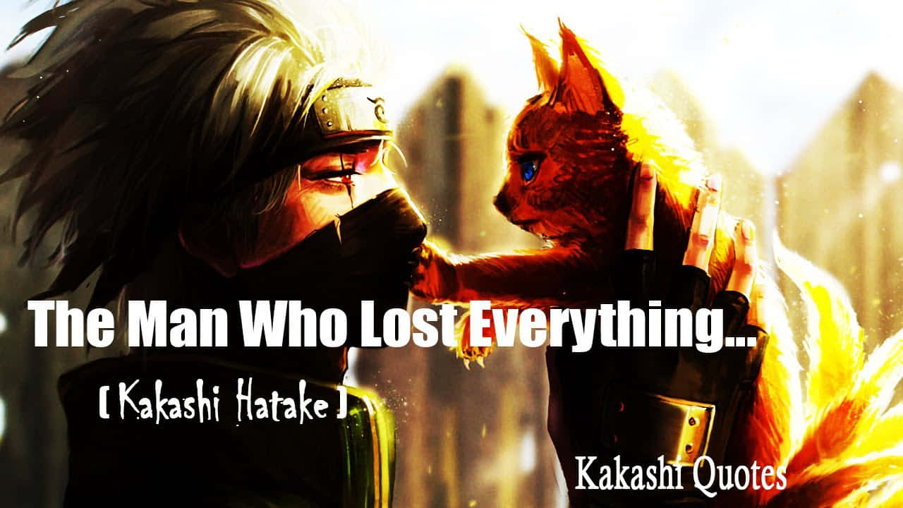 Kakashi Quotes 桌布 壁紙 — 一個戴面具的忍者輕輕觸摸一隻火狐靈，在金色背光的戲劇性動漫場景中。