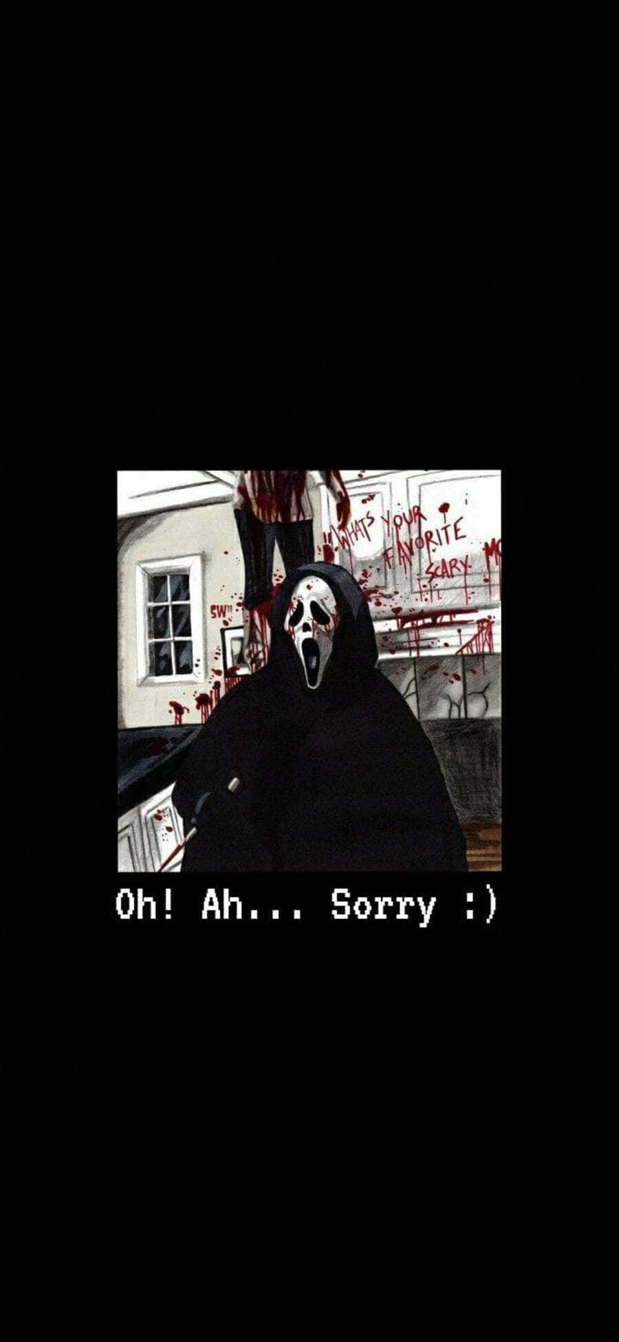 Ghostface Aesthetic 桌布 壁紙 — 一個戴面具的恐怖角色身穿黑色長袍，站在濺滿鮮血的牆前，帶有諷刺文字疊加。