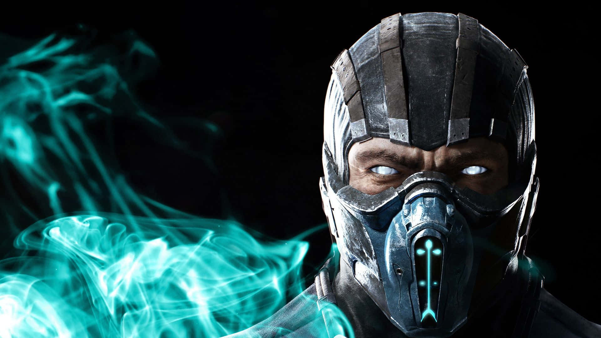 Mortal Kombat Fatality 桌布 壁紙 — 一個戴面具的戰士，擁有發光的白色眼睛和青綠色能量漩渦，背景為黑色。
