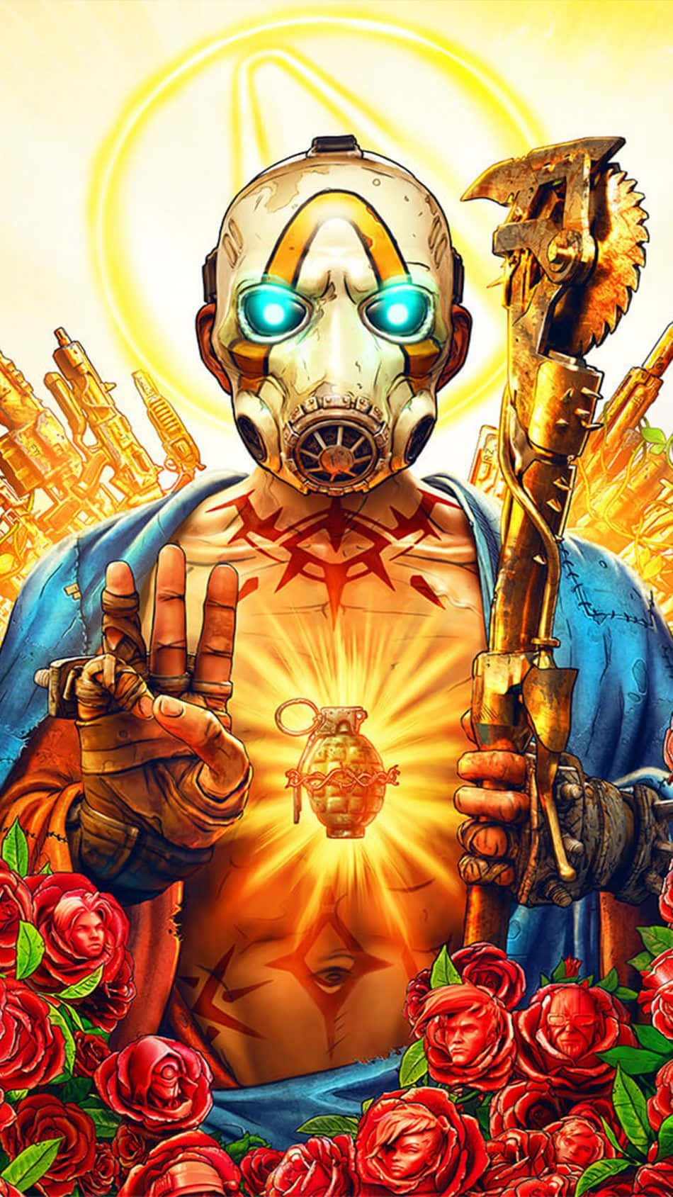 Pixel 3xl Borderlands 3 桌布 壁紙 — 一個戴面具的戰士，擁有發光的藍色眼睛，手持手榴彈和斧頭，被紅玫瑰和金色武器包圍，在光芒四射的光環下。