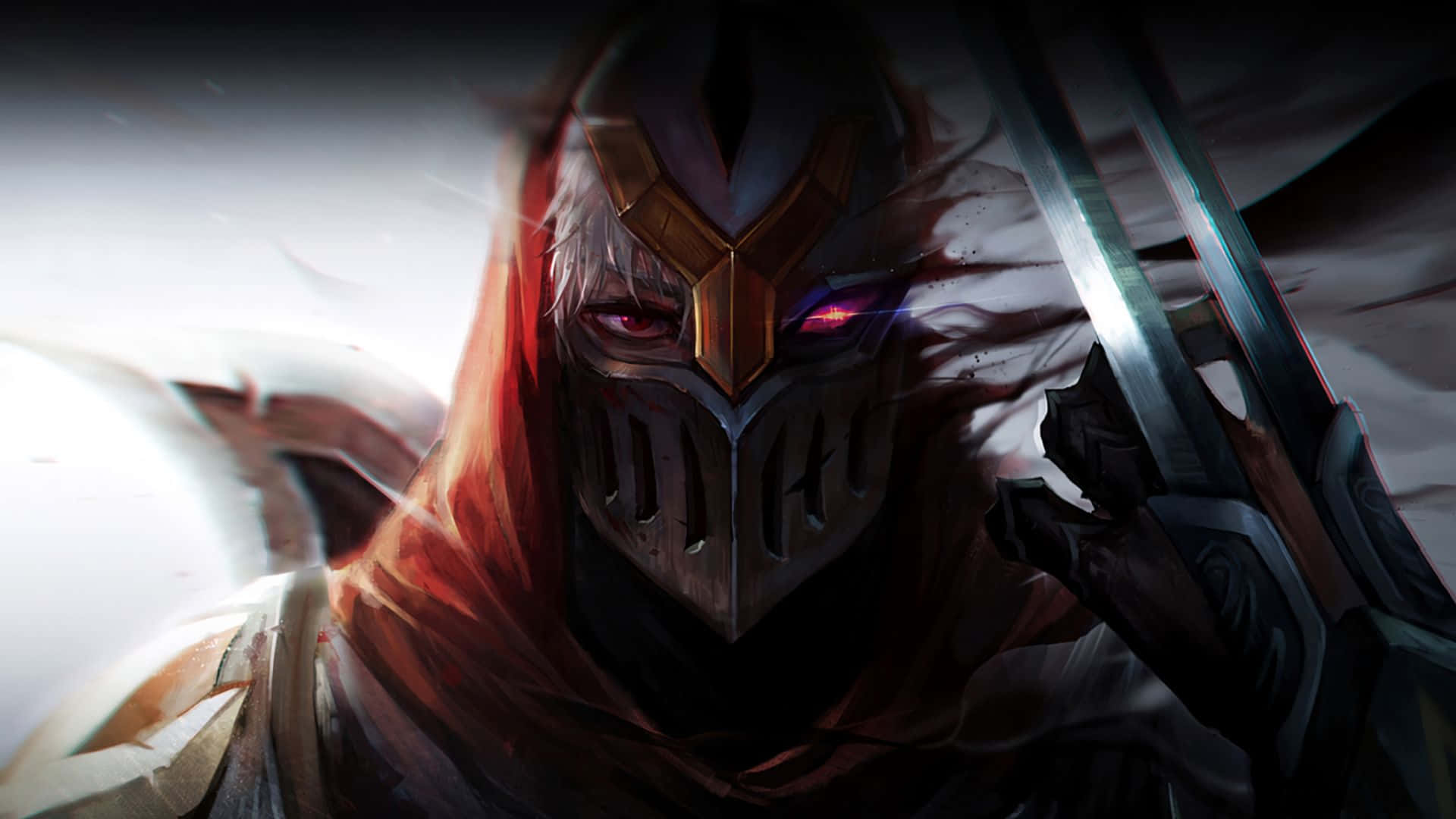 1920x1080 League Of Legends 桌布 壁紙 — 一個戴面具的戰士，有著發光的紅色眼睛和飄逸的紅色兜帽，在純白色背景下揮舞著劍。