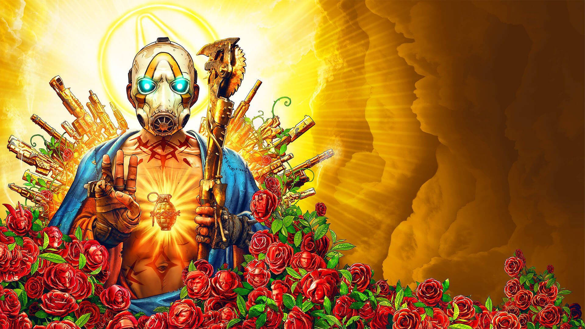 Borderlands 桌布 壁紙 — 一個戴面具的戰士，眼睛發光，披著藍色斗篷，站在紅玫瑰中，手持電鋸和手榴彈，被燦爛的金光包圍。