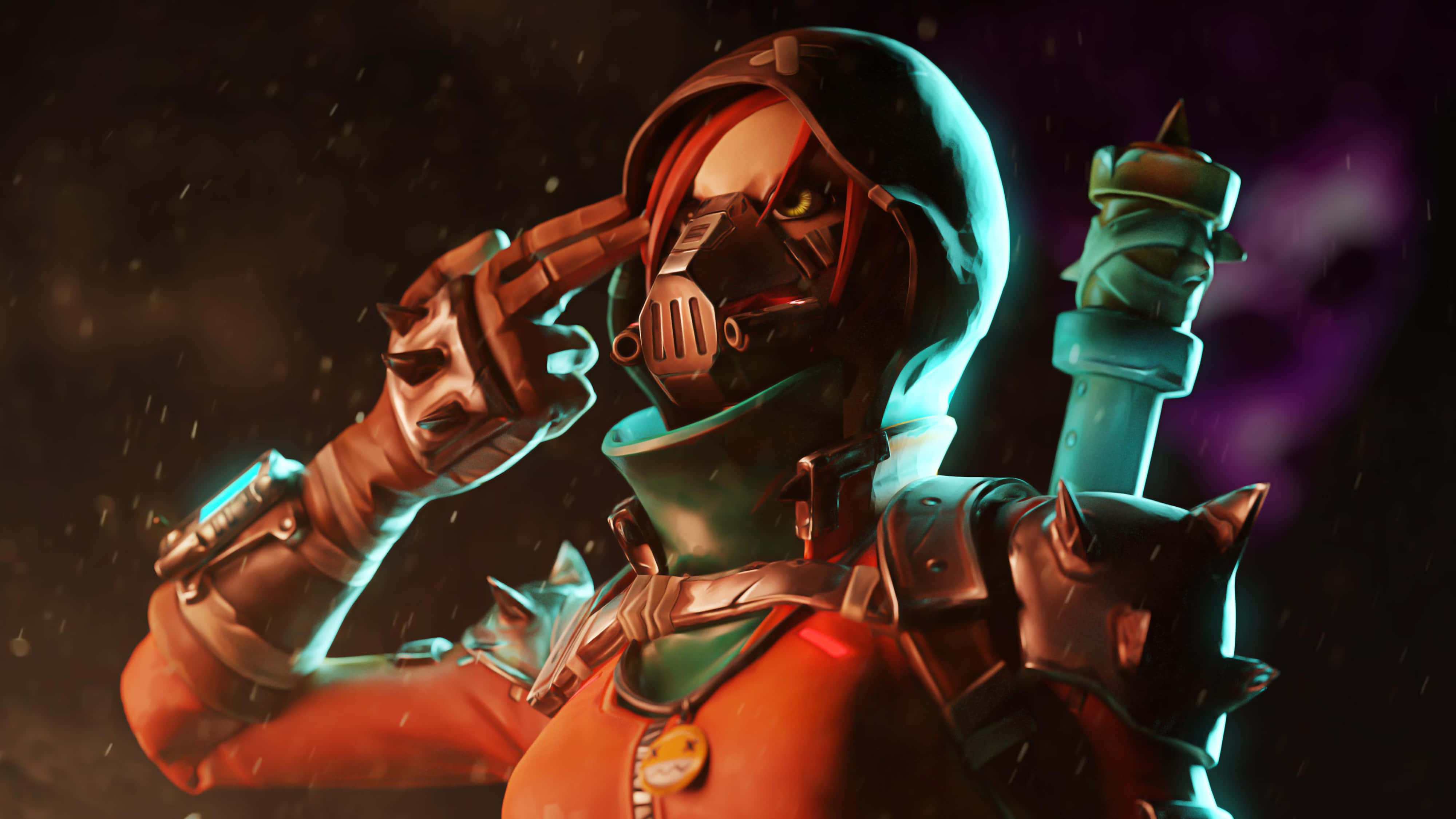 Fortnite 桌布 壁紙 — 一個戴面具的戰士，身穿紅色和藍綠色盔甲，在紫色星雲的黑暗宇宙背景下瞄準發光武器。