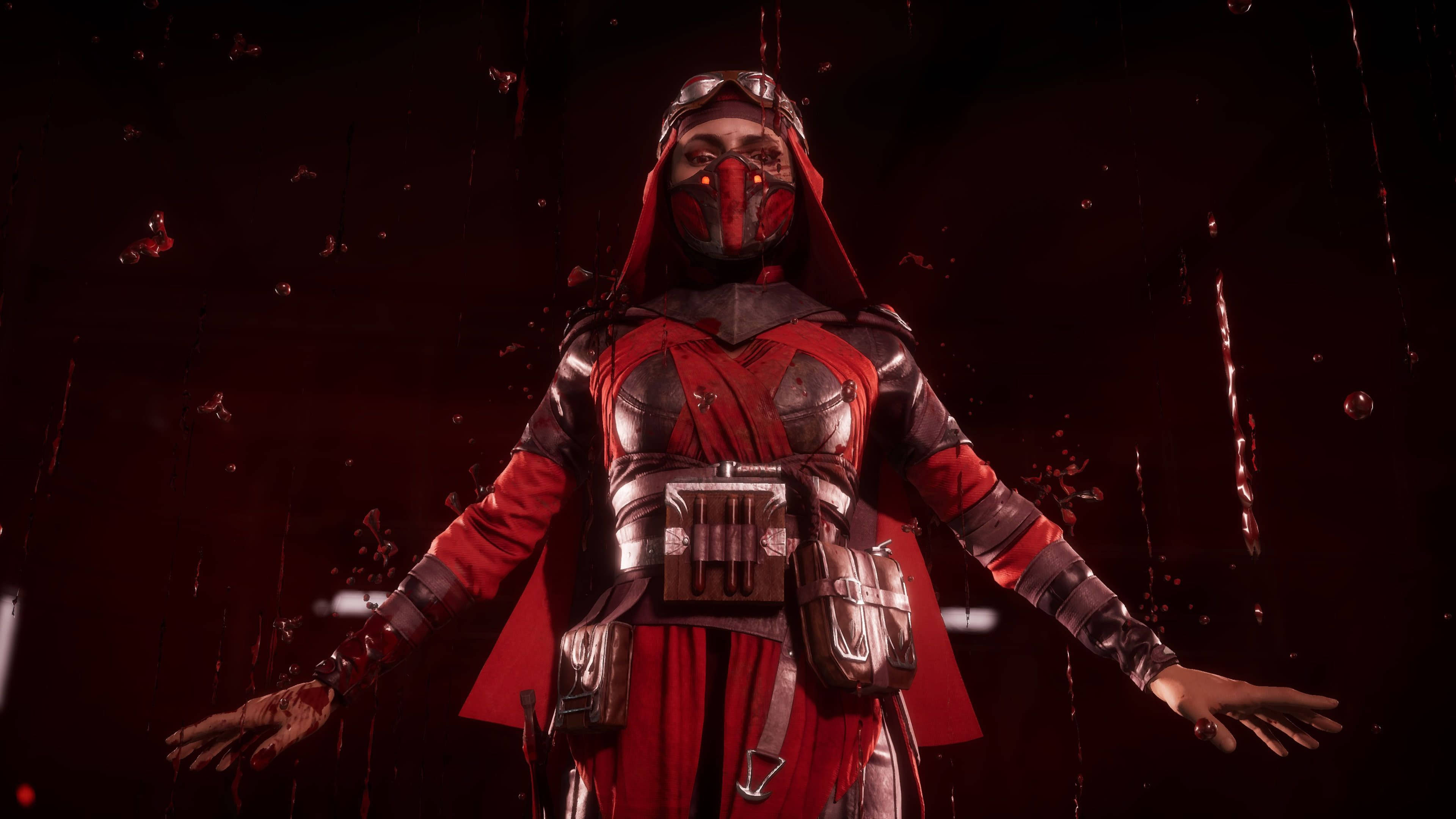 Mortal Kombat 11 桌布 壁紙 — 一個戴面具的戰士，身穿紅黑盔甲，在黑暗、雨點飛濺的環境中張開雙臂站立。