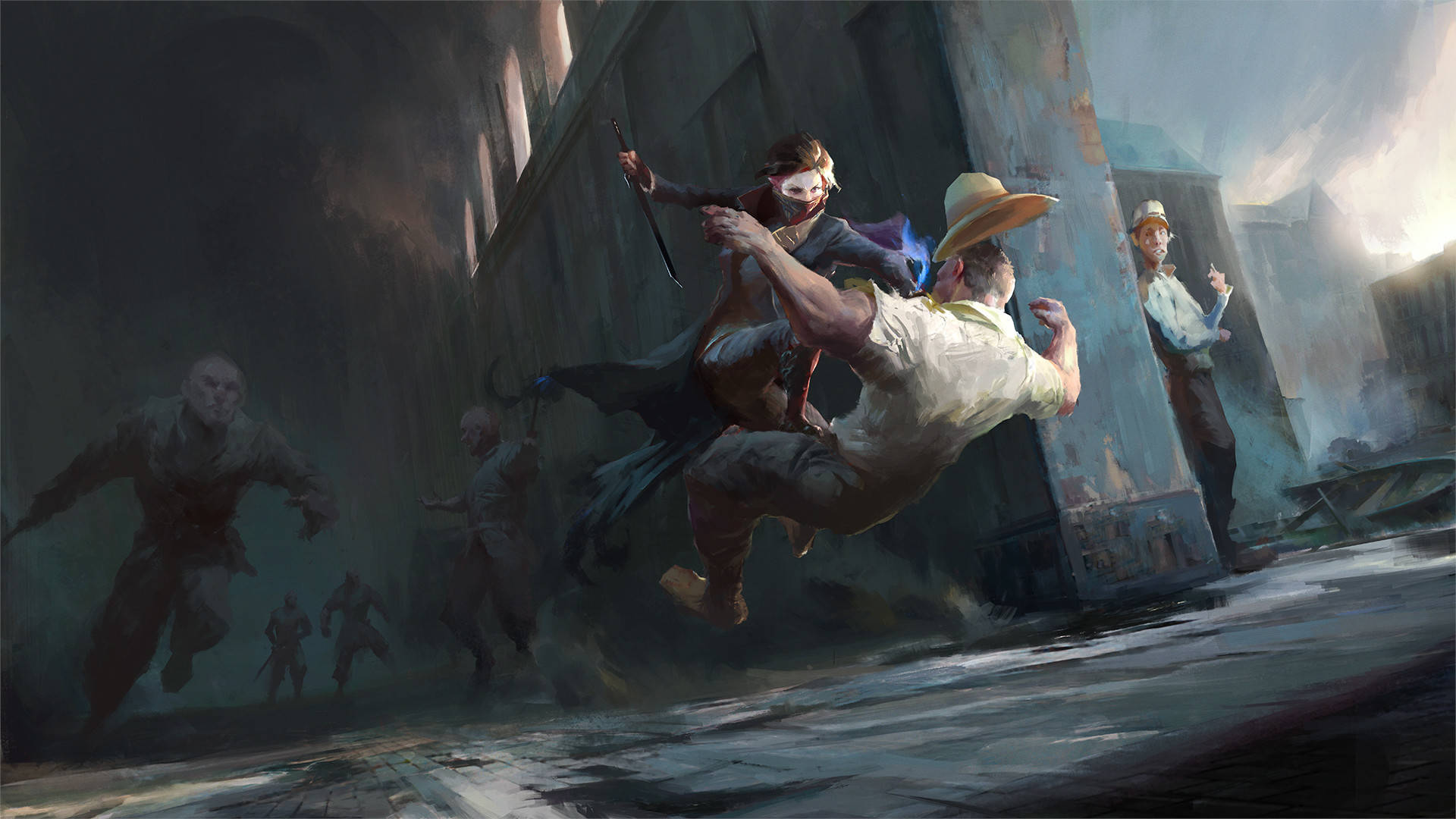 Dishonored 2 桌布 壁紙 — 一個戴面具的戰士在半空中跳躍，攻擊一個戴草帽的男人，陰影般的人物在破敗的城市小巷中追趕他們。