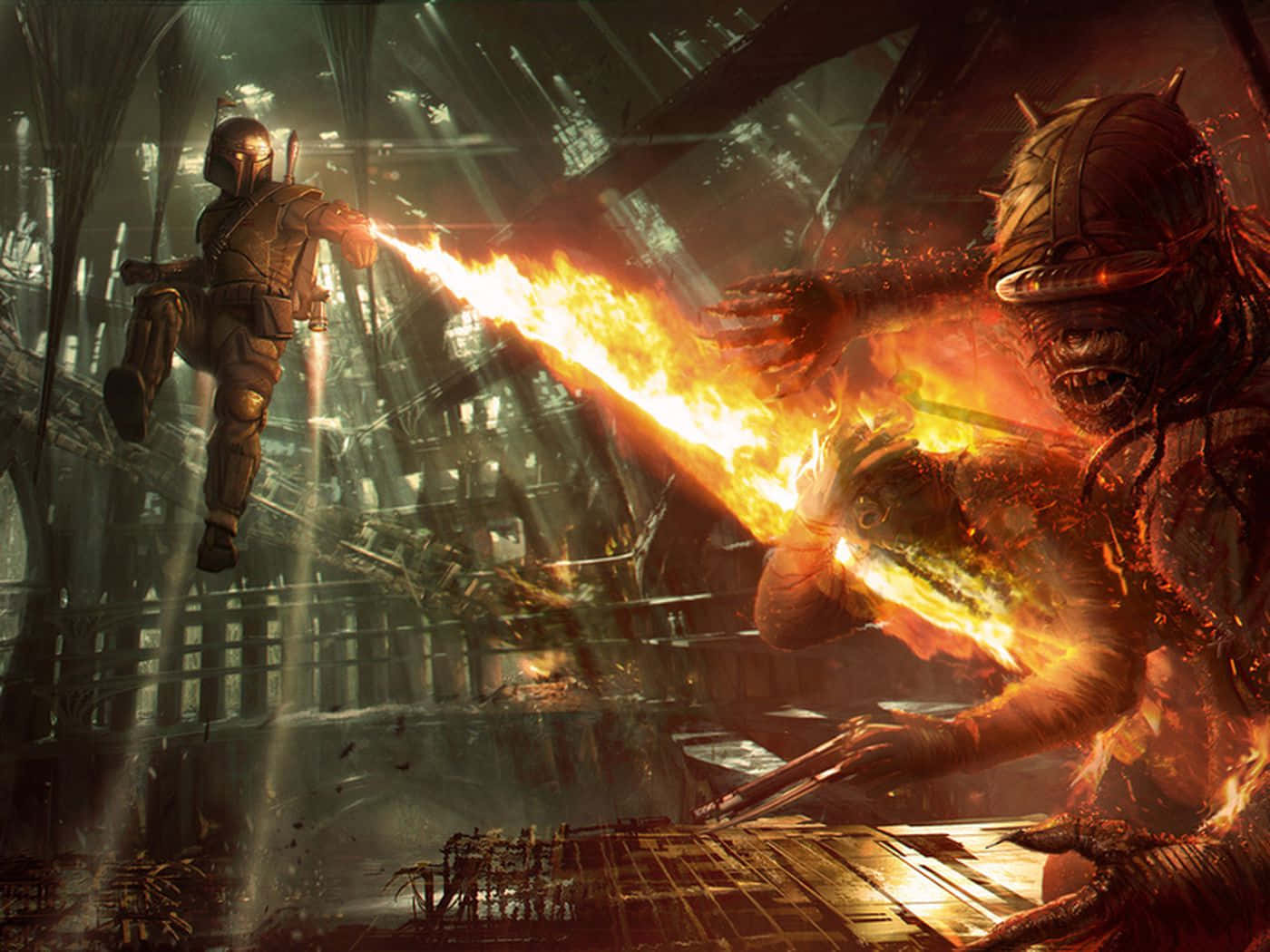 The Coruscant Underworld 桌布 壁紙 — 一個戴面具的戰士在廢棄的工業大教堂向一隻怪獸發射熾熱的能量爆炸。