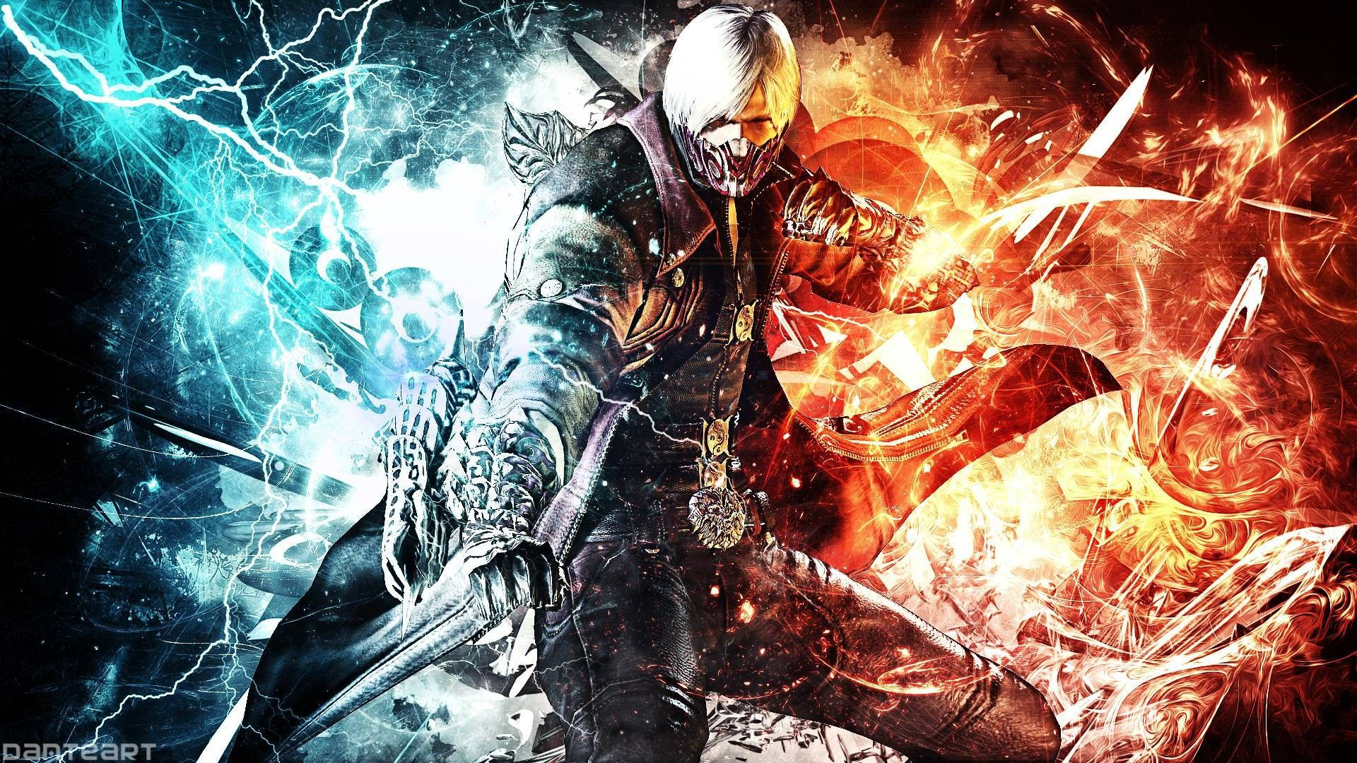 Devil May Cry 5 桌布 壁紙 — 一個戴面具的戰士在爆炸性的藍色閃電和熾熱的橙色能量中揮舞劍，構成動態的數位戰鬥場景。