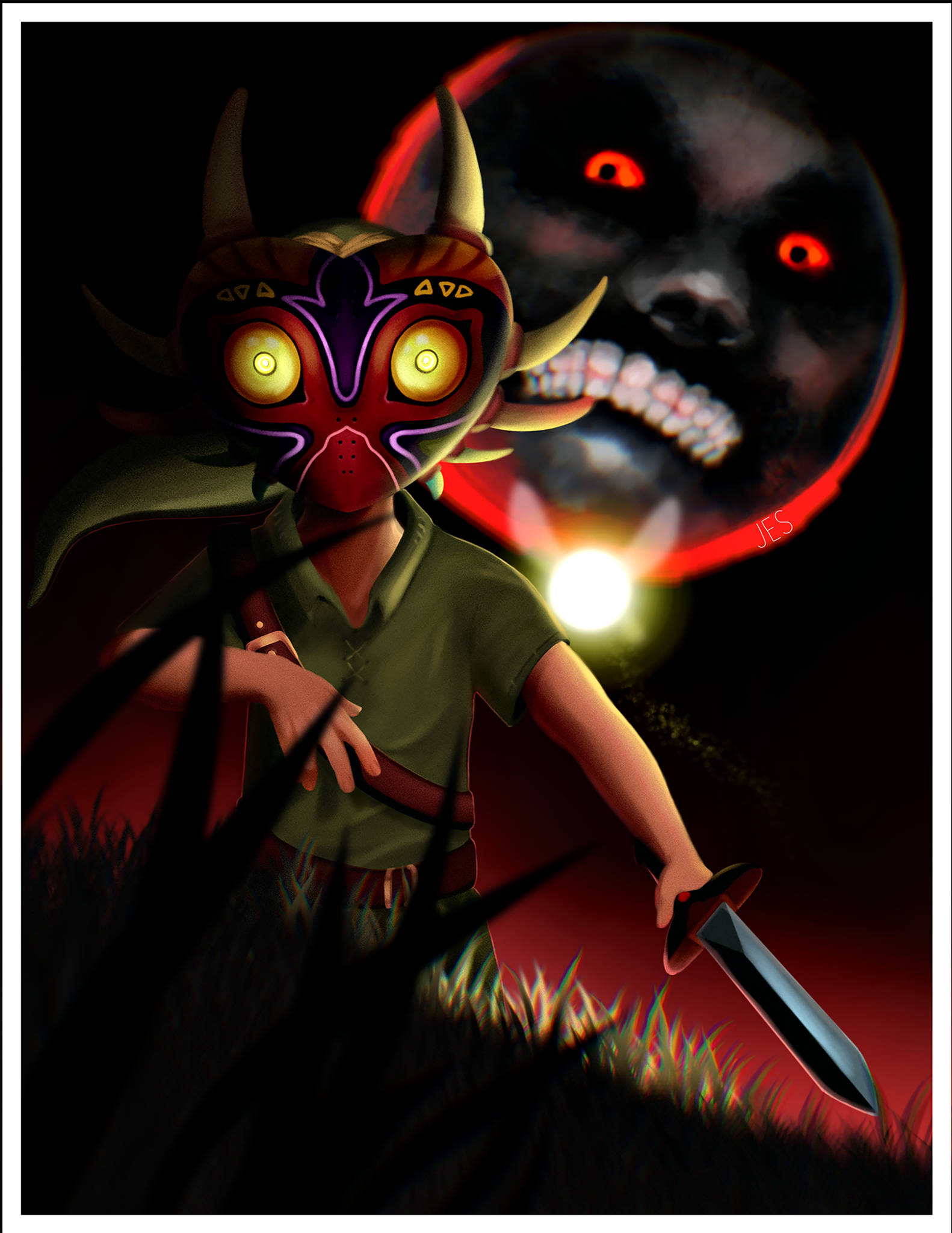 Majora's Mask 桌布 壁紙 — 一個戴面具的戰士在黑暗的草地上挑釁地站著，手持劍，身後有一個紅眼怪物般的臉在夜間場景中若隱若現。