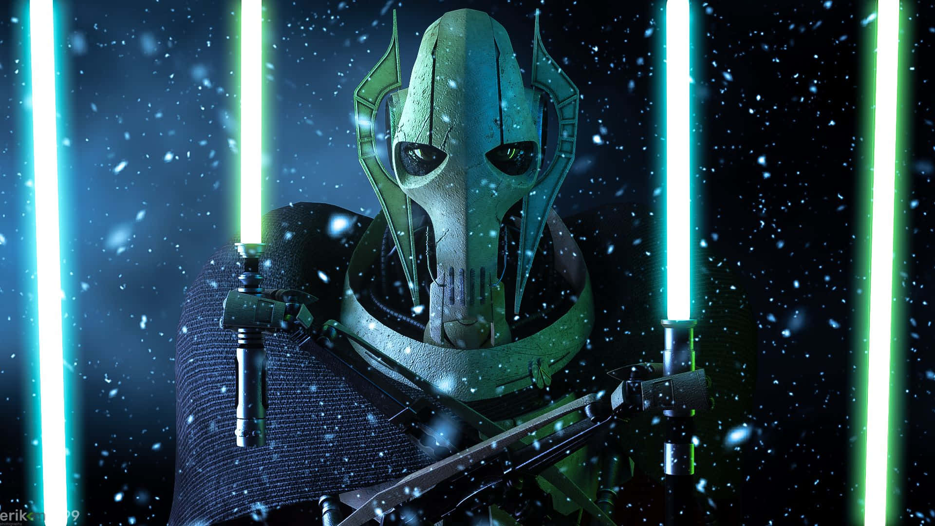 General Grievous 桌布 壁紙 — 一個戴面具的戰士手持發光的綠色光劍，站在有星星和垂直光束的雪地太空場景中。
