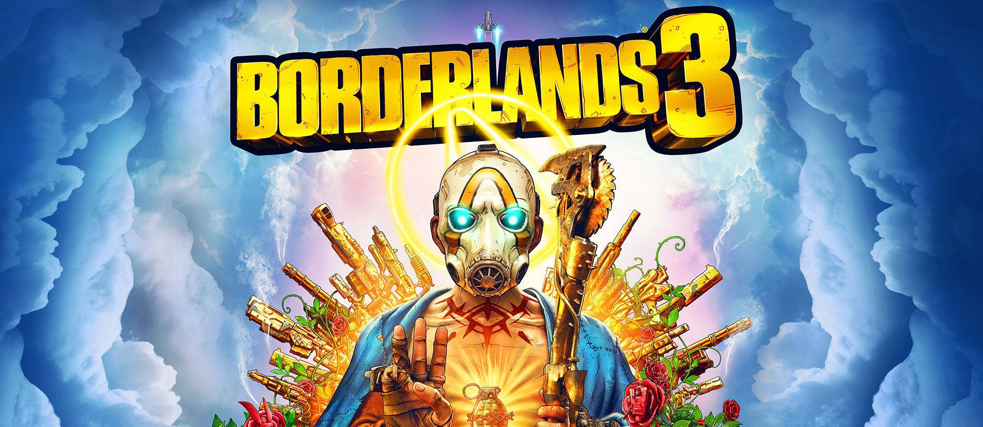 Borderlands 3 桌布 壁紙 — 一個戴面具的戰士散發出金色光芒，被武器和玫瑰包圍，背景是暴風雨的天空，帶有《邊緣禁地3》標題。