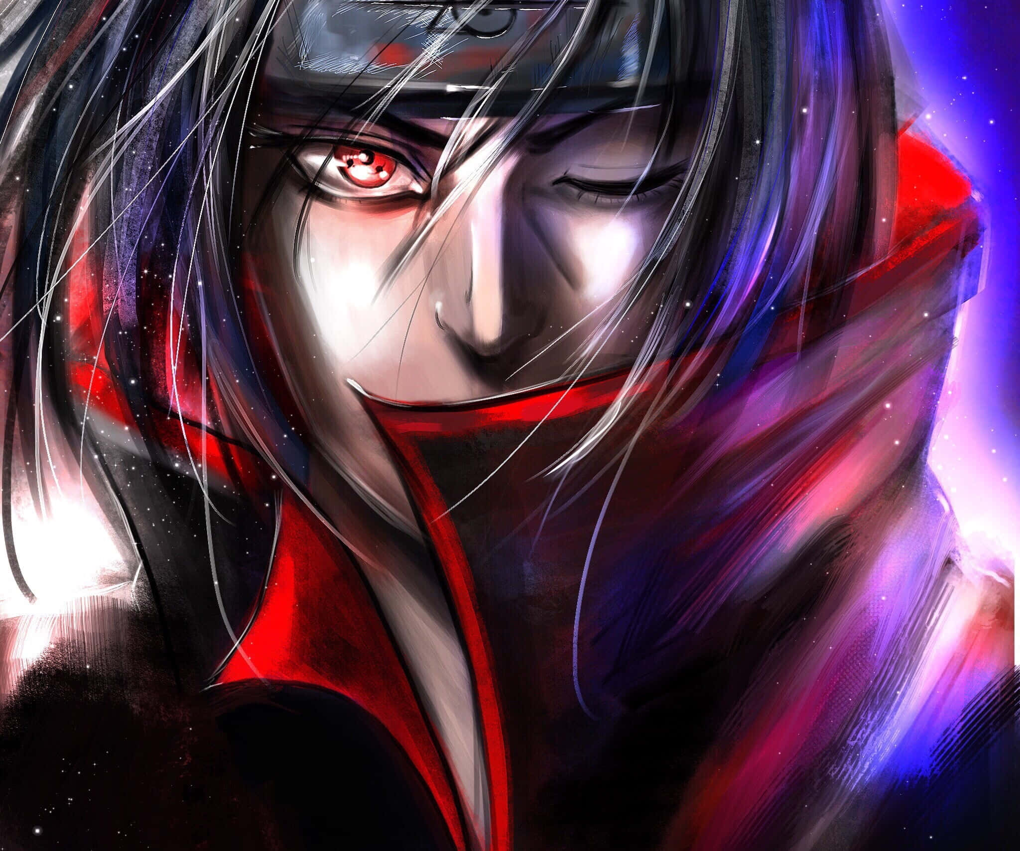 Akatsuki Ninja 桌布 壁紙 — 一個戴面具的戰士的動漫特寫肖像，擁有發光的紅色眼睛和飄逸的銀色頭髮，背景是宇宙紫色和藍色。