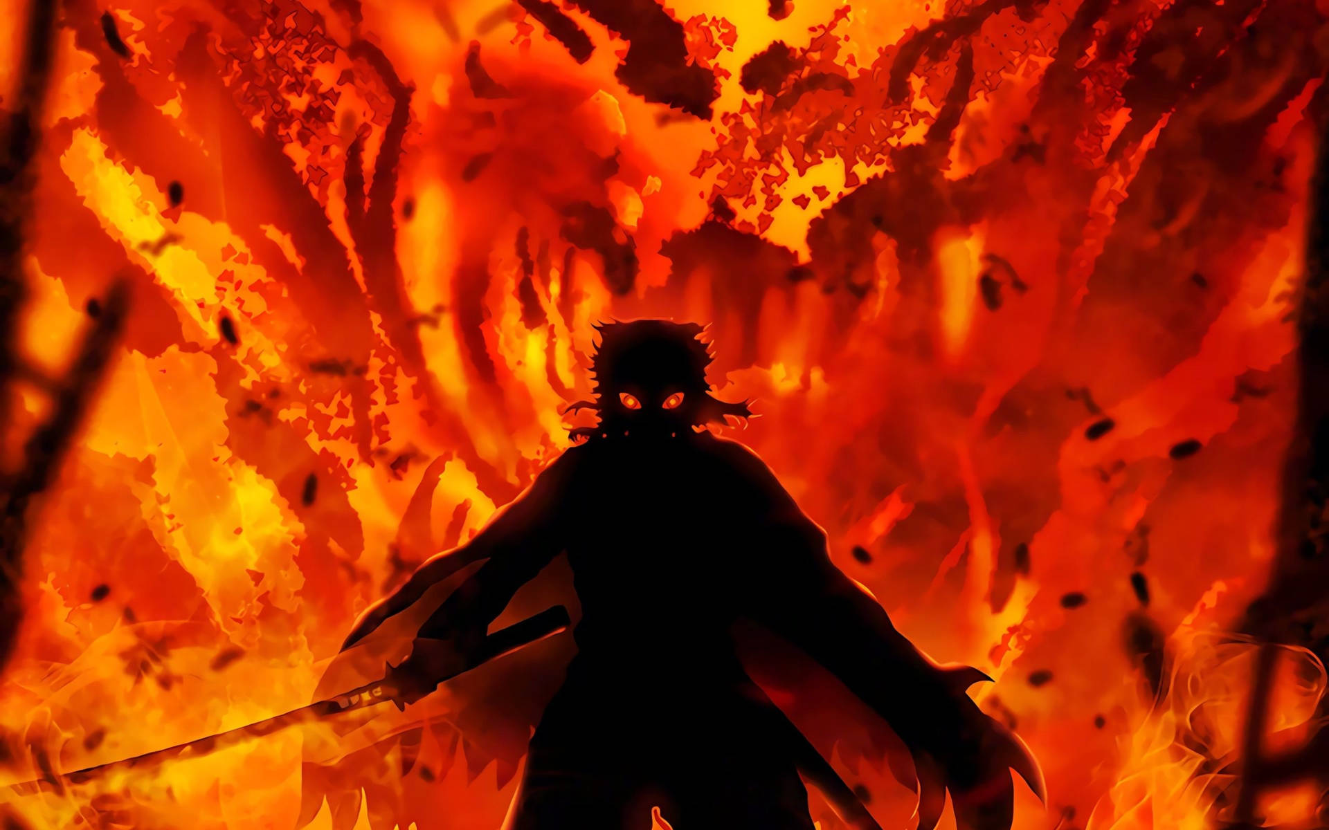 發光眼睛的動漫戰士剪影，在火焰爆炸中揮舞劍。 — Fire Emblem Warriors 壁紙