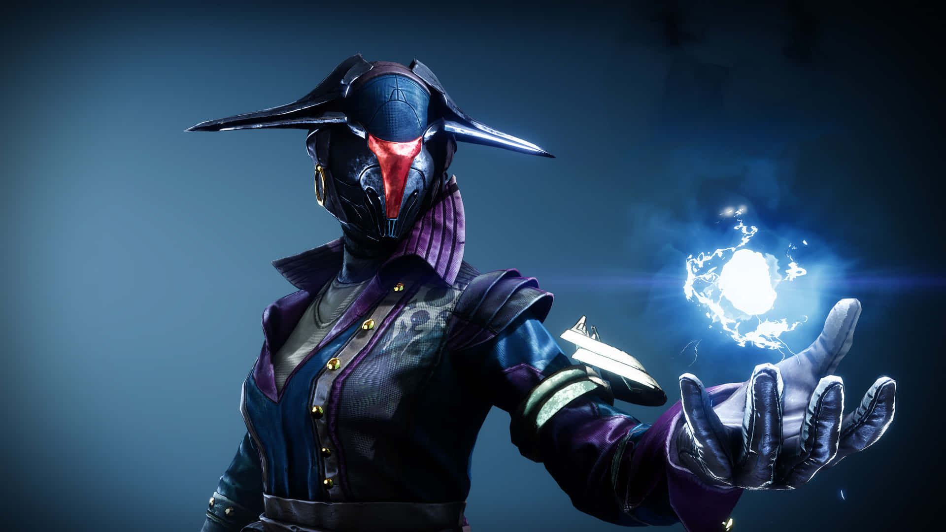 Best Destiny 2 桌布 壁紙 — 一個戴面具的戰士穿著黑色盔甲，在憂鬱的藍色背景前手持一個發光的藍色能量球。